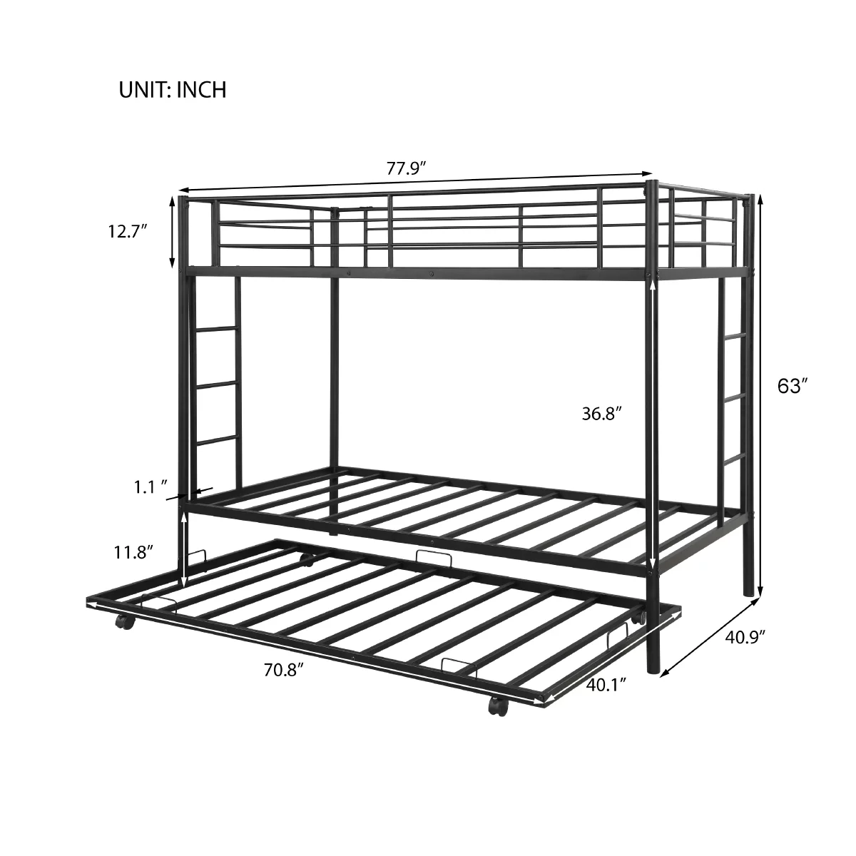 CHURANTY Twin Over Twin bunk Bed with Trundle,Metal Bunk Bed Frame with 2 Side Ladders, Safety Guard Rails for Kids/Teens/Children/Adults, Black