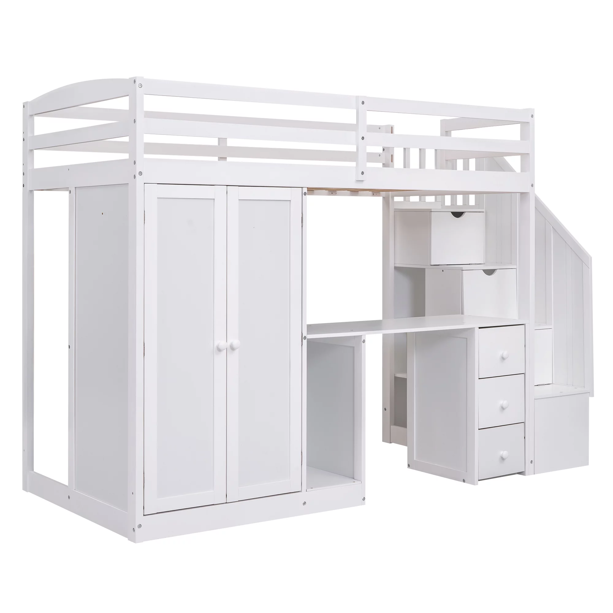 Euroco Twin Size Pine Wood Loft Bed with Desk, Drawers and Wardrobe for Kids Room, Storage Staircase, Sapce-Saving Shelf, White
