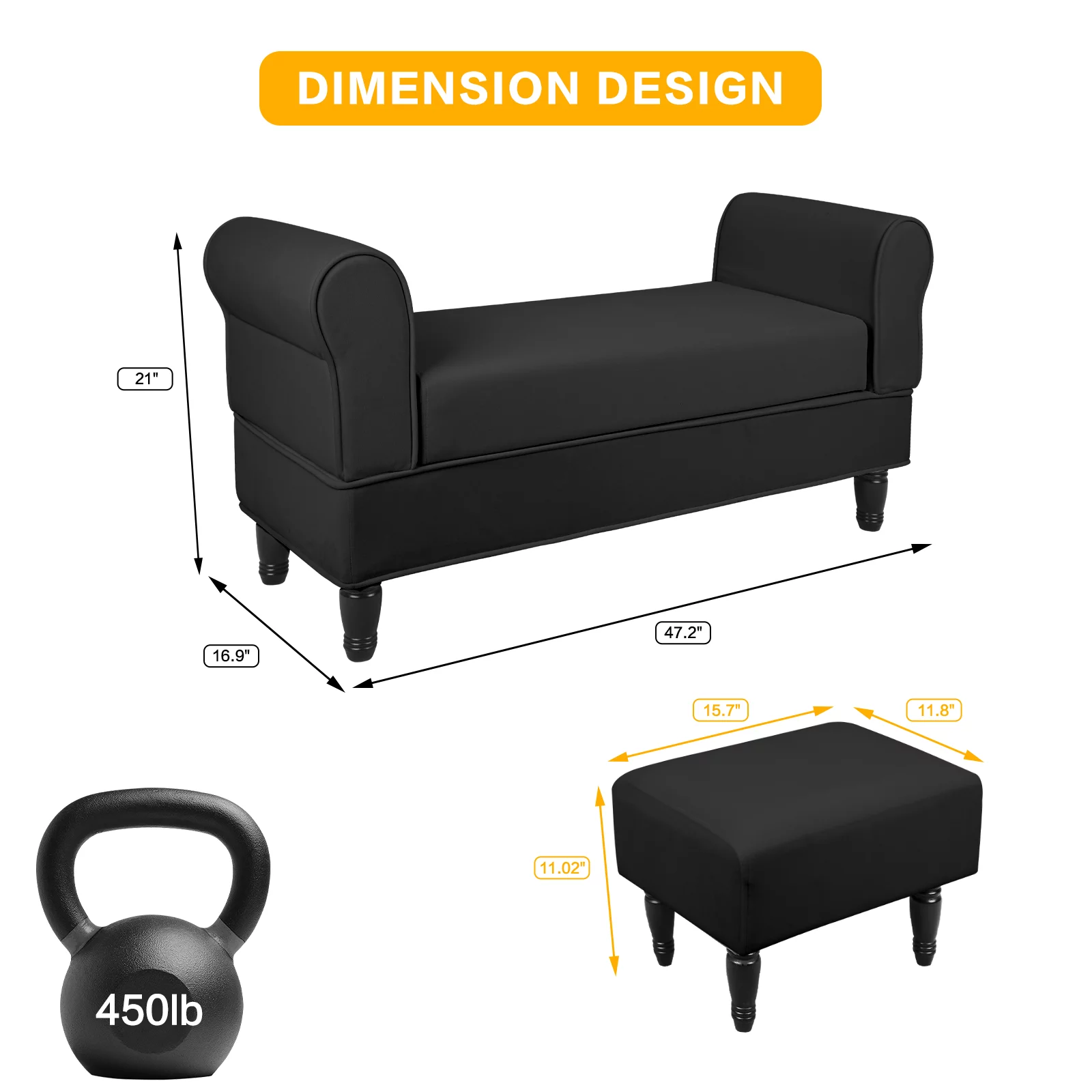 Hofitlead Storage Bench , Velure Rolled Arm Ottoman Storage Sofa , with 2 Ottoman Footstool,Black