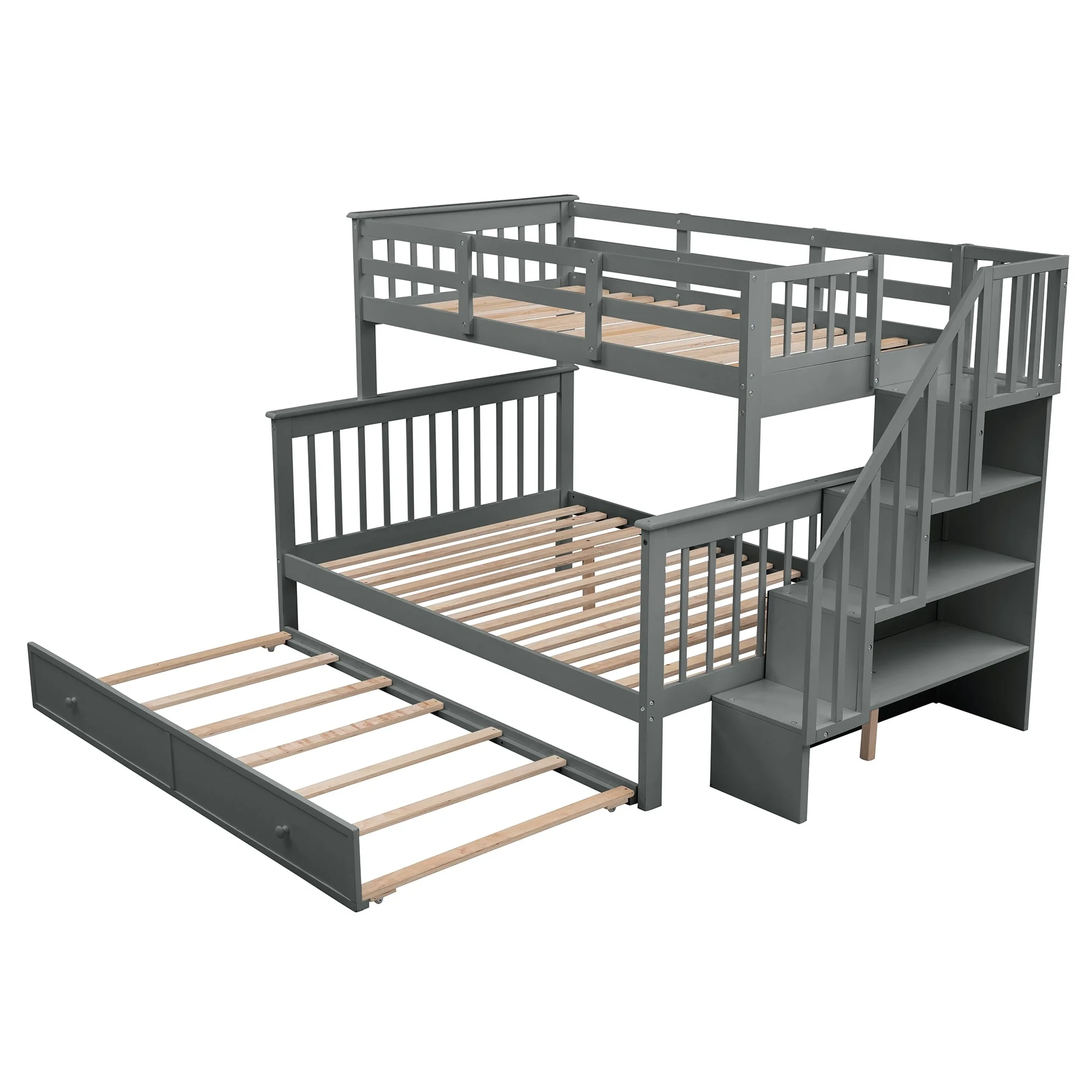 Nestfair Stairway Twin Over Full Bunk Bed with Twin size Trundle Grey