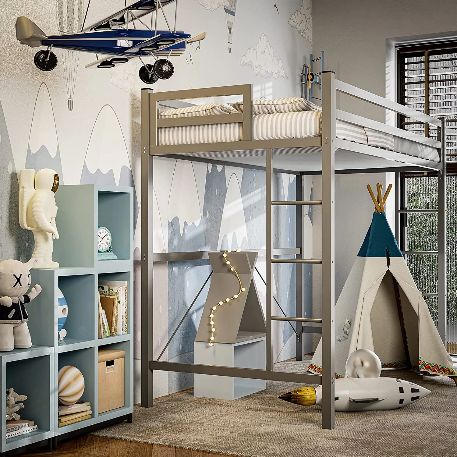 IKIFLY Metal Twin Size Loft Bed Frame - Heavy Duty Junior Loft Beds with 2 Ladders & Safety Guard Rail, Space-Saving, Noise Free, for Kids / Adults / Teens - Silver Grey