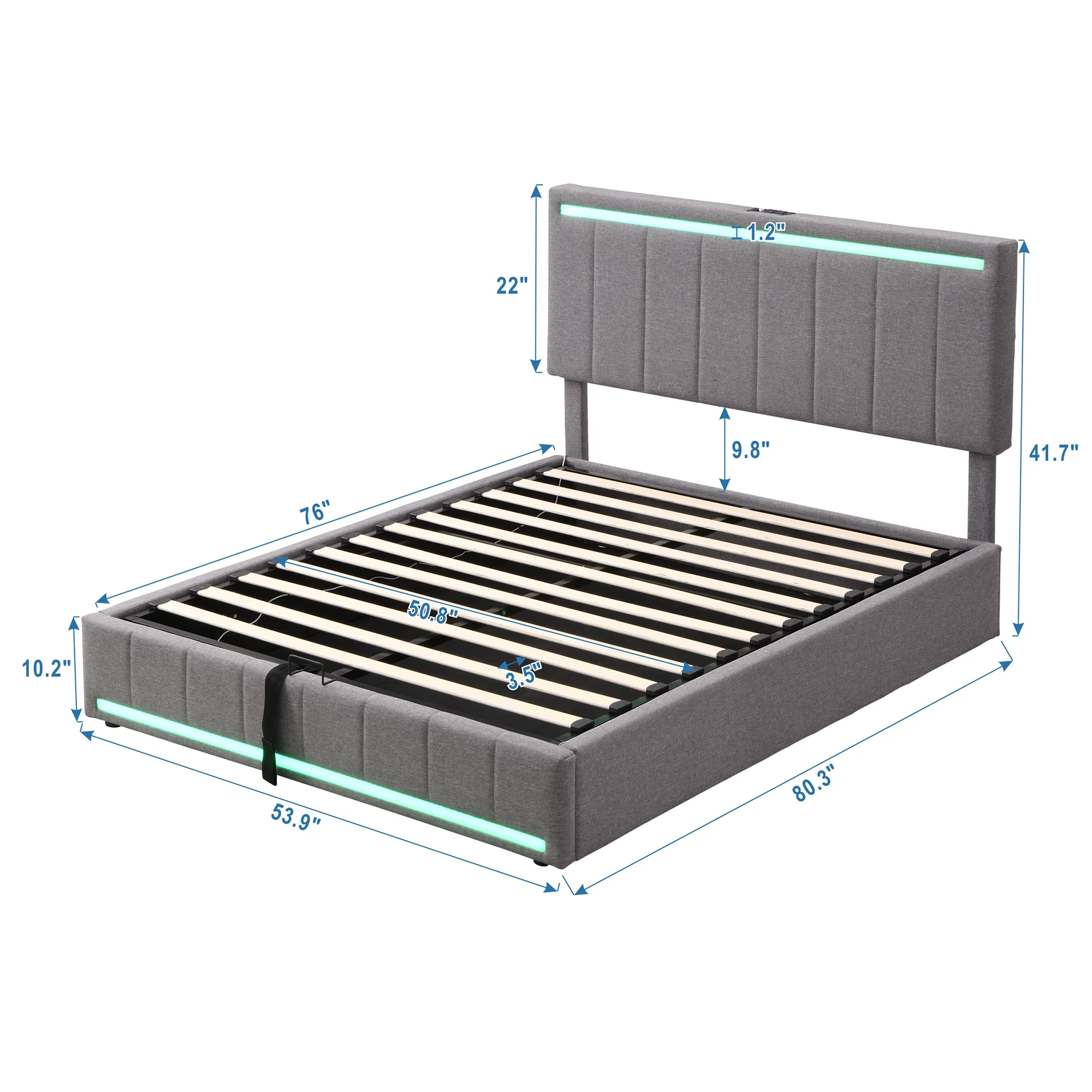 Churanty Full Upholstered Platform Bed with Hydraulic Storage System and LED Light, Full Size Platform Bed Frame with USB Ports and Sockets, Gray