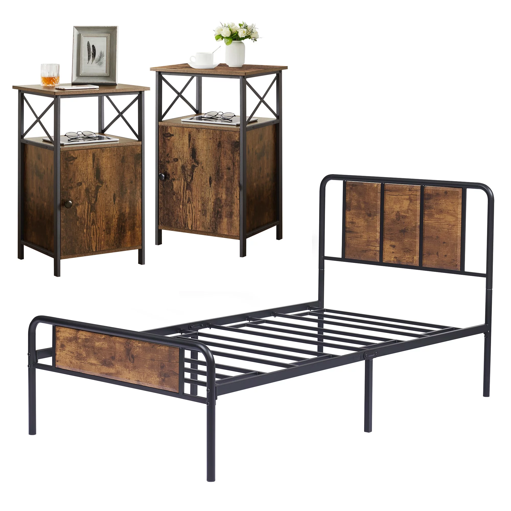 VECELO (Set of 3) Bedroom Set Bed Frame with 2 Brown Nightstand
