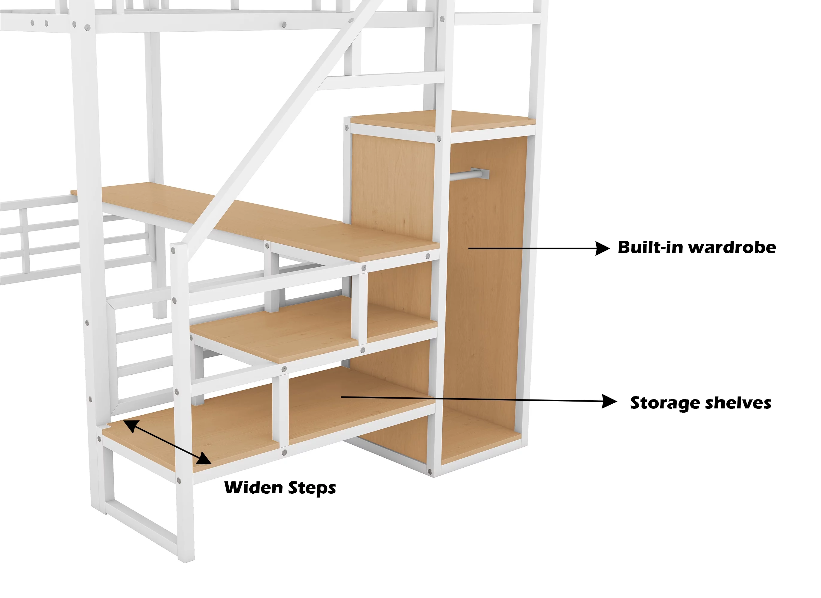 Bellemave Full Size Metal Loft Bed with Convertible Storage Staircase and Small Wardrobe, Heavy Duty Loft Bed Frame with Built-in Long Desk and Safety Guardrail for Kids,Teens, White