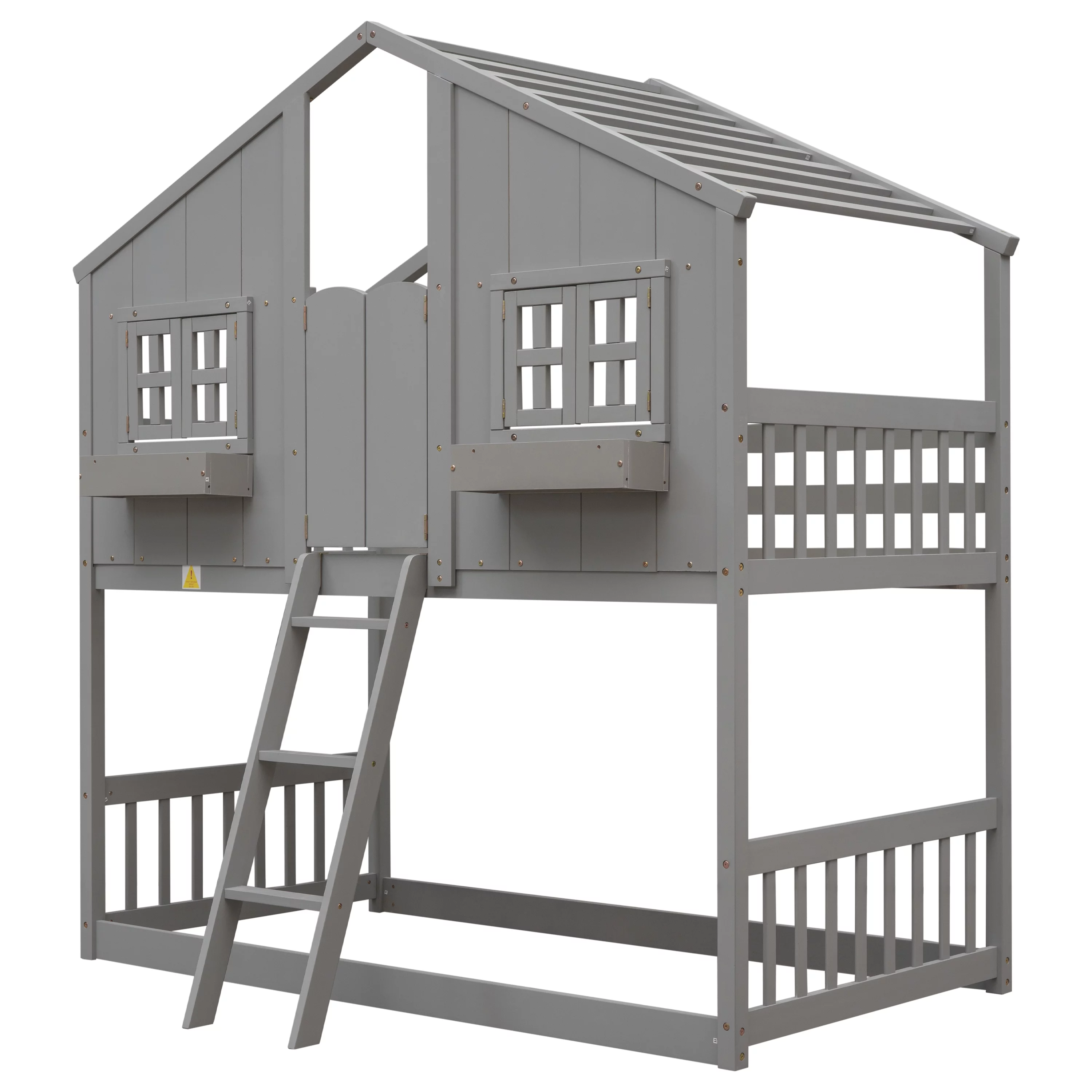 Solid Wood Twin over Twin House Bunk Bed with Roof, Window, Window Box, Door, Ladder and Guard Rail, Twin over Twin Bunk Bed for Toddler Kids Teens(Gray)
