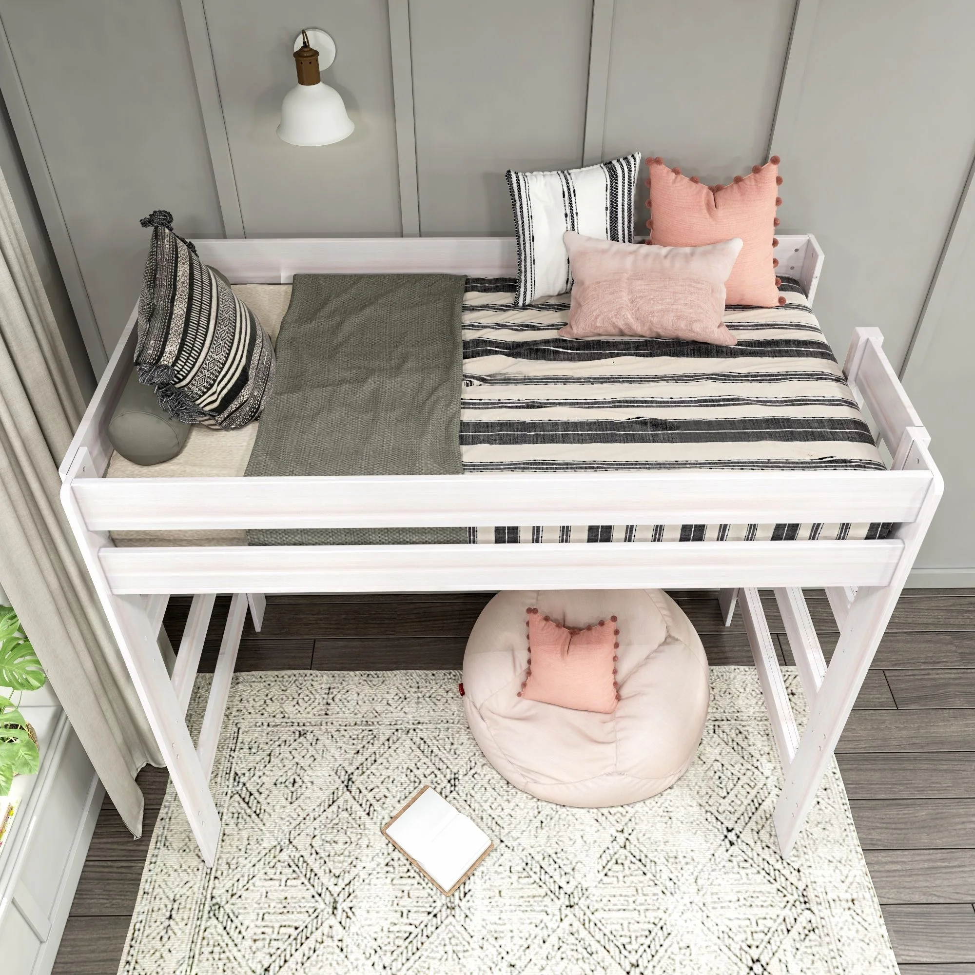 Max & Lily Modern Farmhouse High Loft Bed, Solid Wood Twin Loft Bed Frame for Kids, White Wash