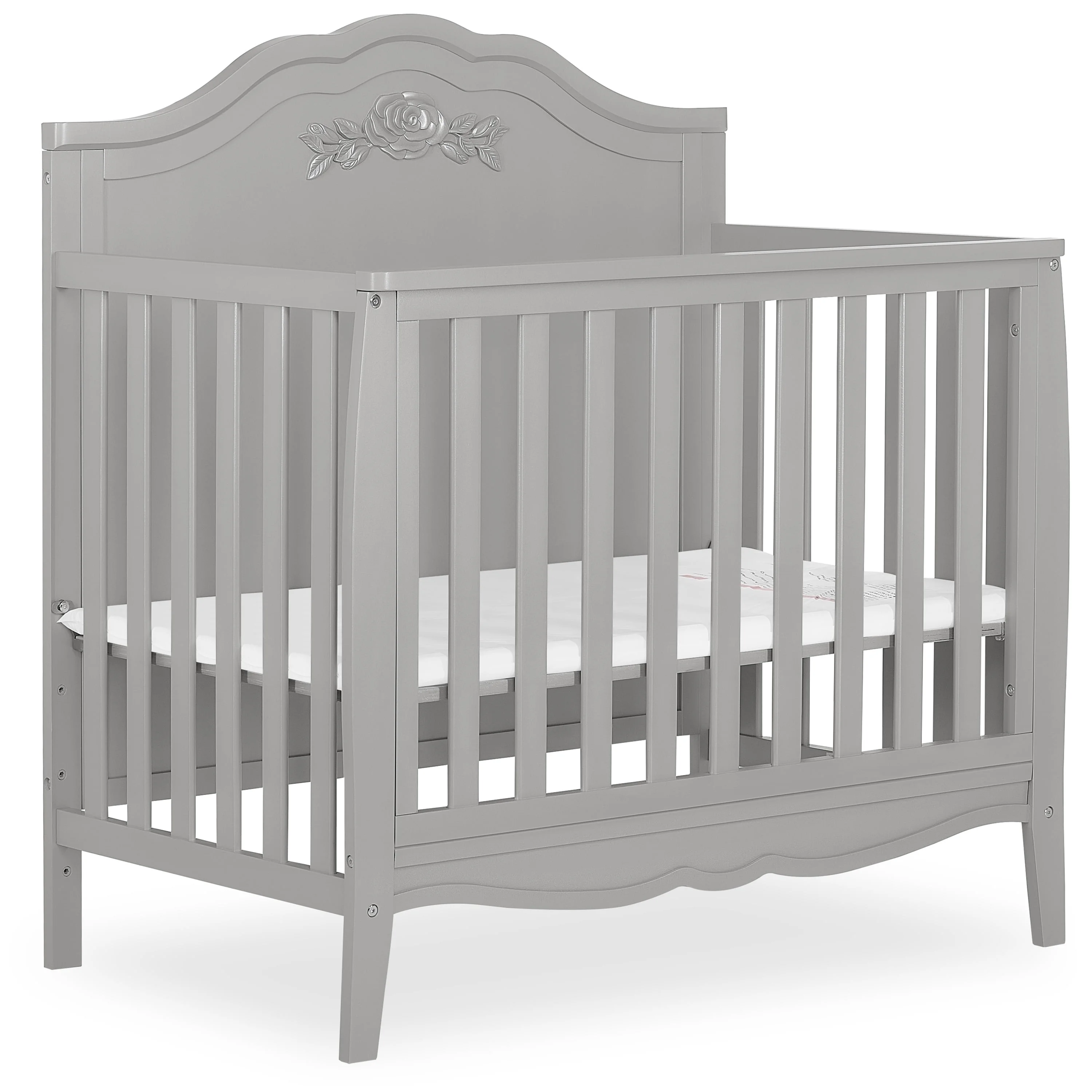 SweetPea Baby Rose 4-in-1 Convertible Mini Crib in Platinum, JPMA Certified Baby Crib, Non-Toxic Finish, New Zealand Pinewood, with 3 Mattress Height Settings Crib Platinum