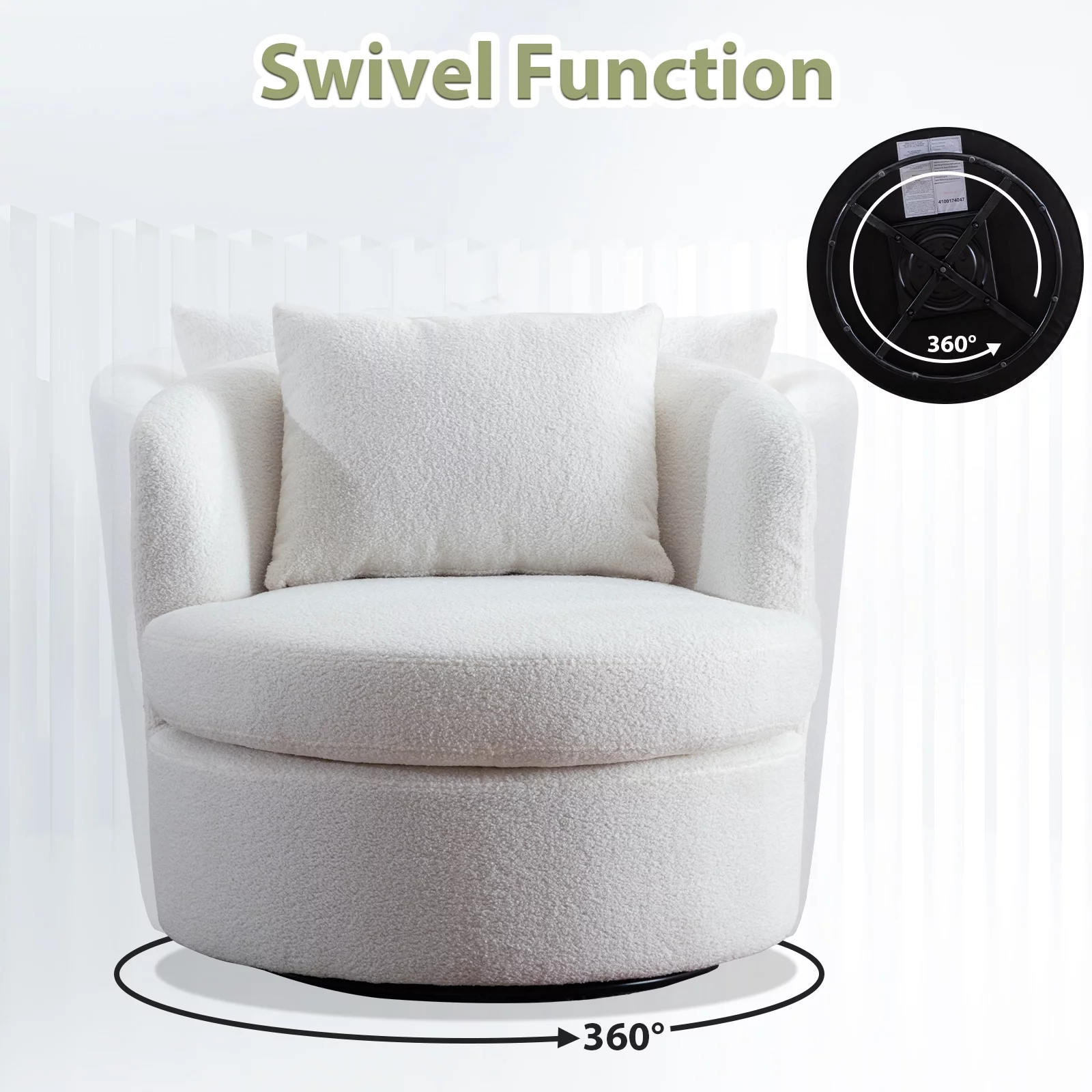 Ebello Swivel Accent Chair with Lamb Wool Fabric for Adult, Plump Pillow, Detachable Cushion, White