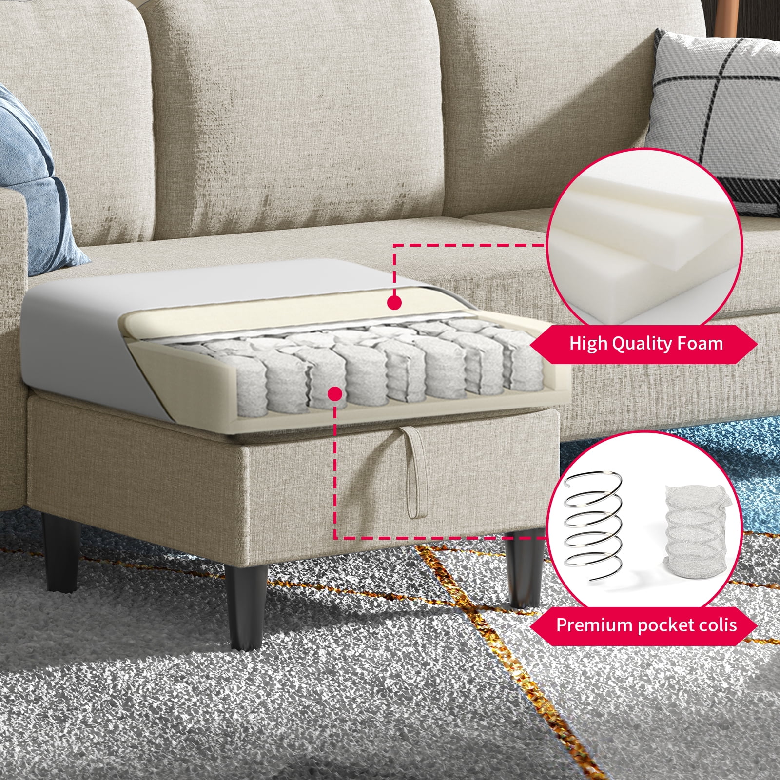 MUZZ Sectional Sofa with Movable Ottoman, Free Combination Sectional Couch, Small L Shaped Sectional Sofa with Storage Ottoman,Linen Fabric Wood Frame Sofa Set for Living Room (Beige)