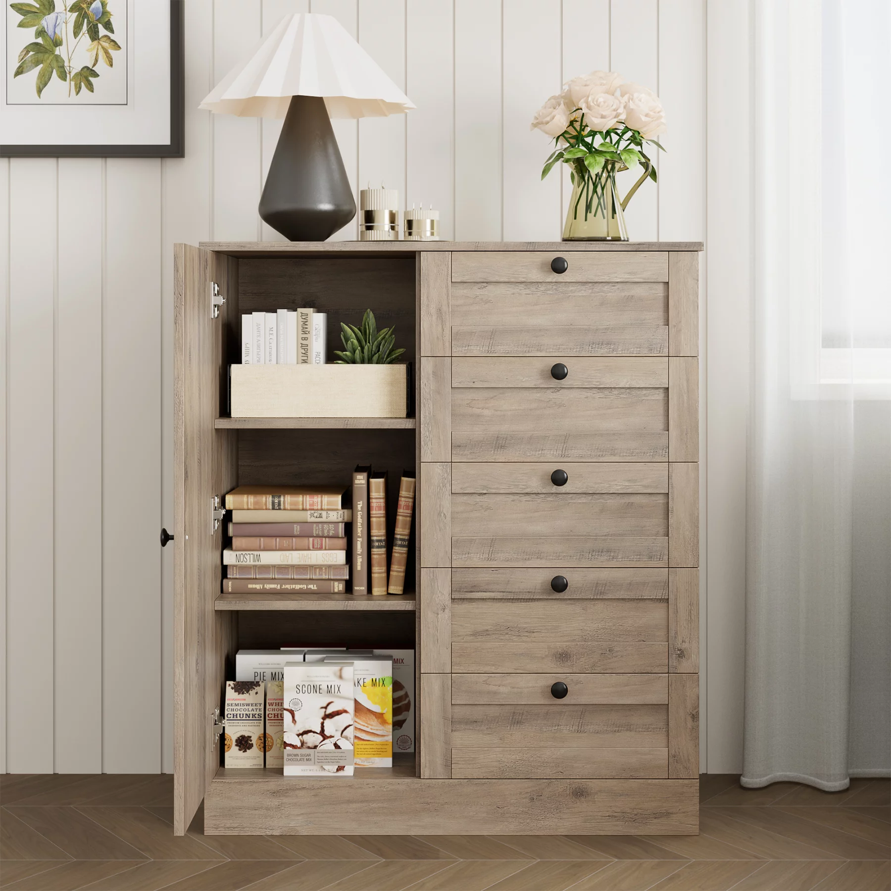 Homfa 5 Drawer Dresser with Door, Modern Chest of Drawers Wood Storage Cabinet for Bedroom Living Room Hallway, Gray