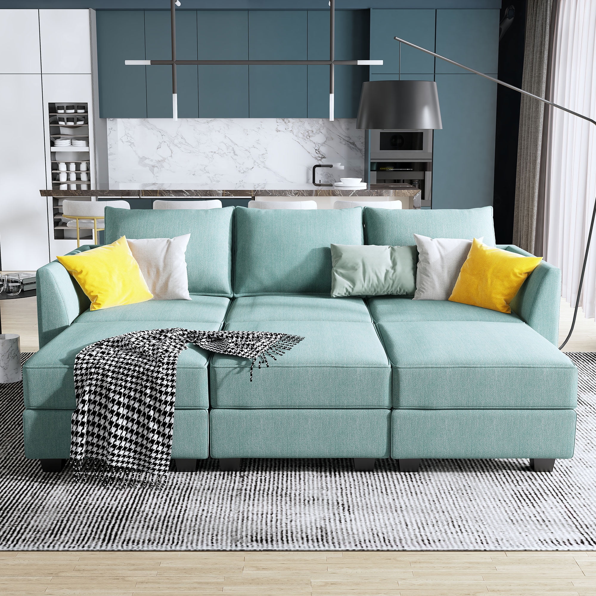 HONBAY Modern Convertible 6 Pieces Fabric Sleeper Sectional Couch Sofa Bed with Storage Ottomans, Aqua Blue