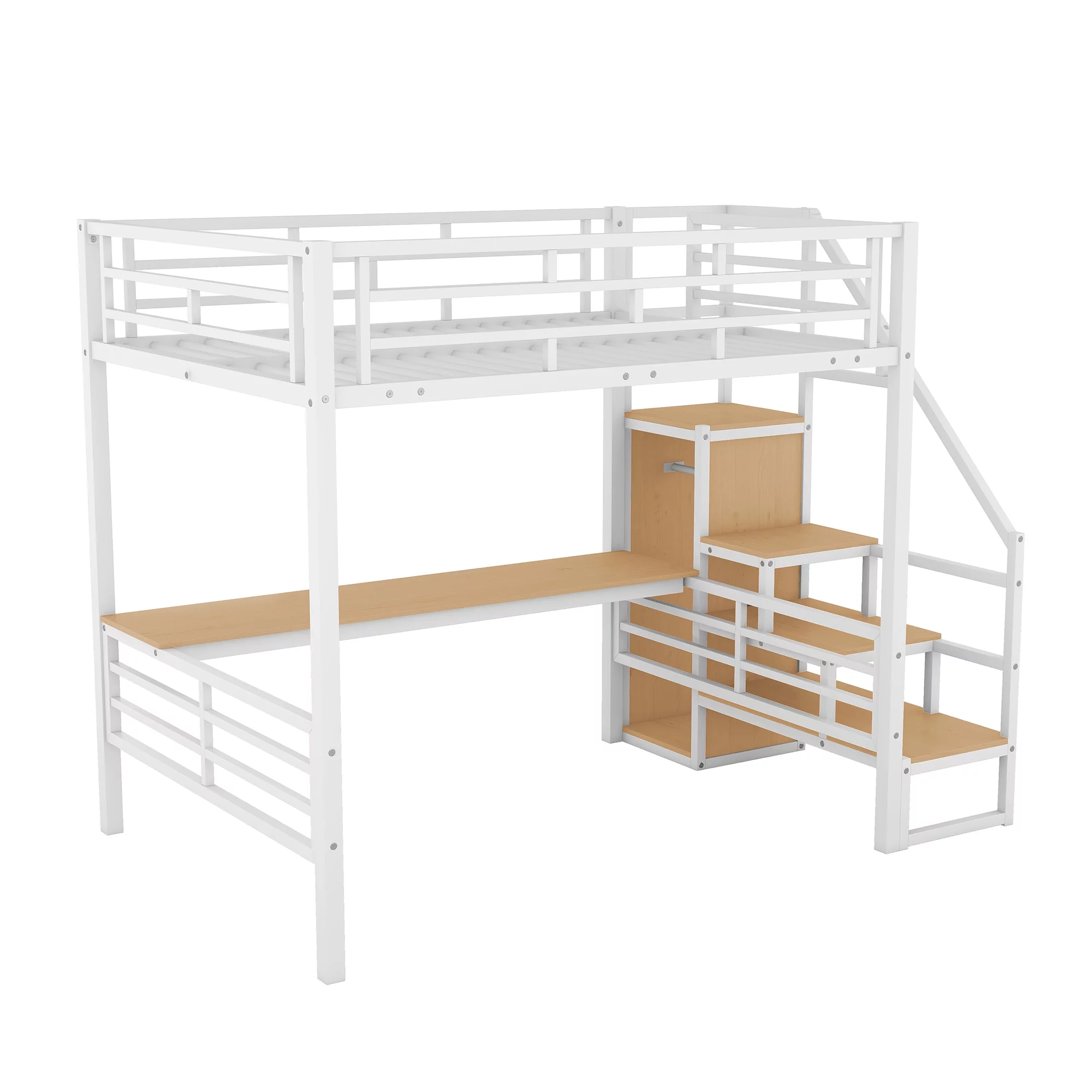 Bellemave Full Size Loft Bed with Desk, Metal Loft Beds with Stair and Built-in Wardrobe, Heavy-Duty High Loft Bed for Kids Teens Adults (White)