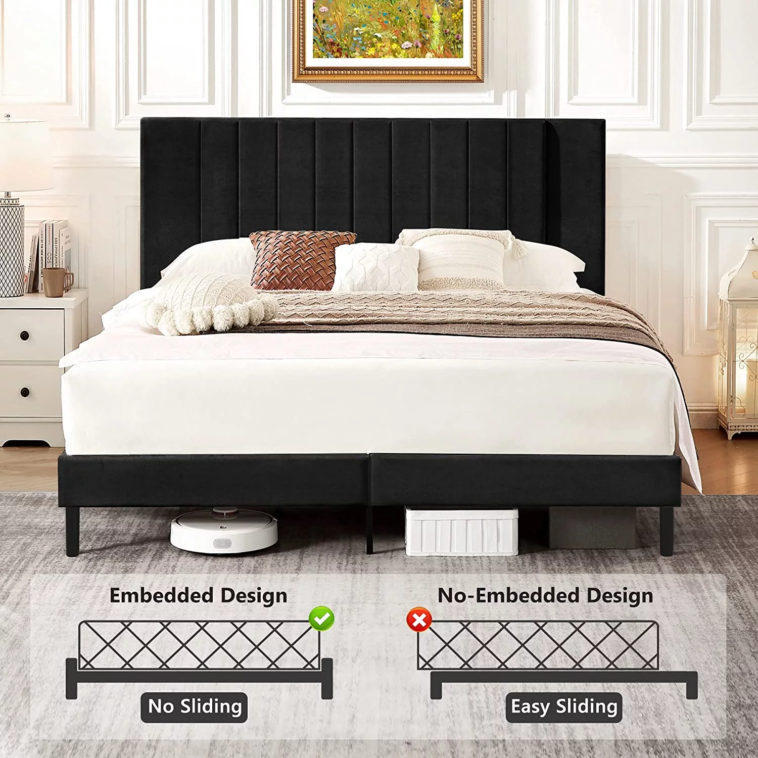 Flolinda Queen Bed Frame Upholstered Bed Frame with Vertical Channel Tufted Complete High Headboard, Black
