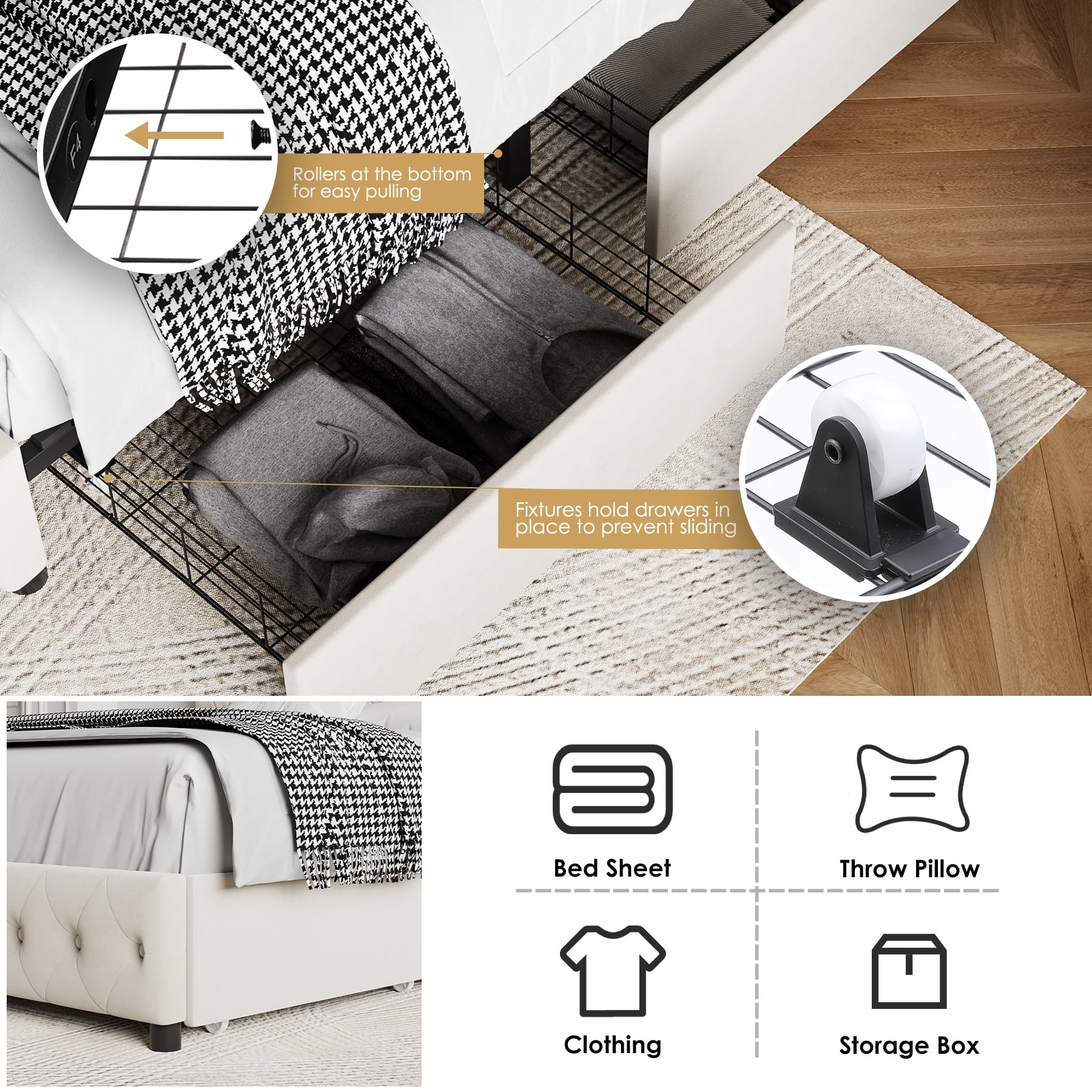 Homfa Queen Size Storage Bed, Velvet Platform Bed Frame with 4 Drawers, Upholstered with Adjustable Headboard, Off White