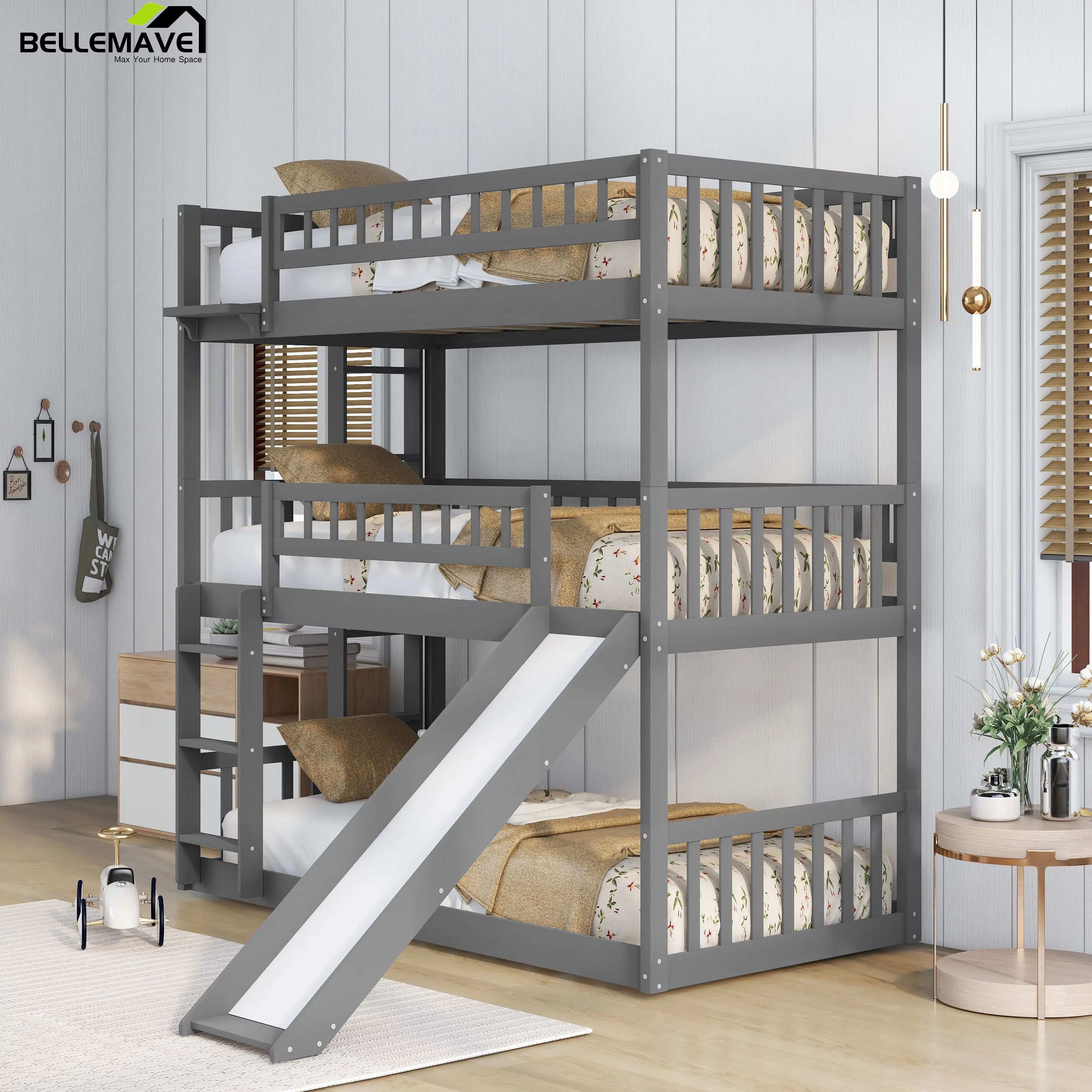 Bellemave Triple Bunk Bed with Slide, Wood Twin over Twin over Twin 3 Bunk Bed with 2 Built-In Ladders, Convertible Triple Beds for Kids, Teens, Boys & Girls (Gray)