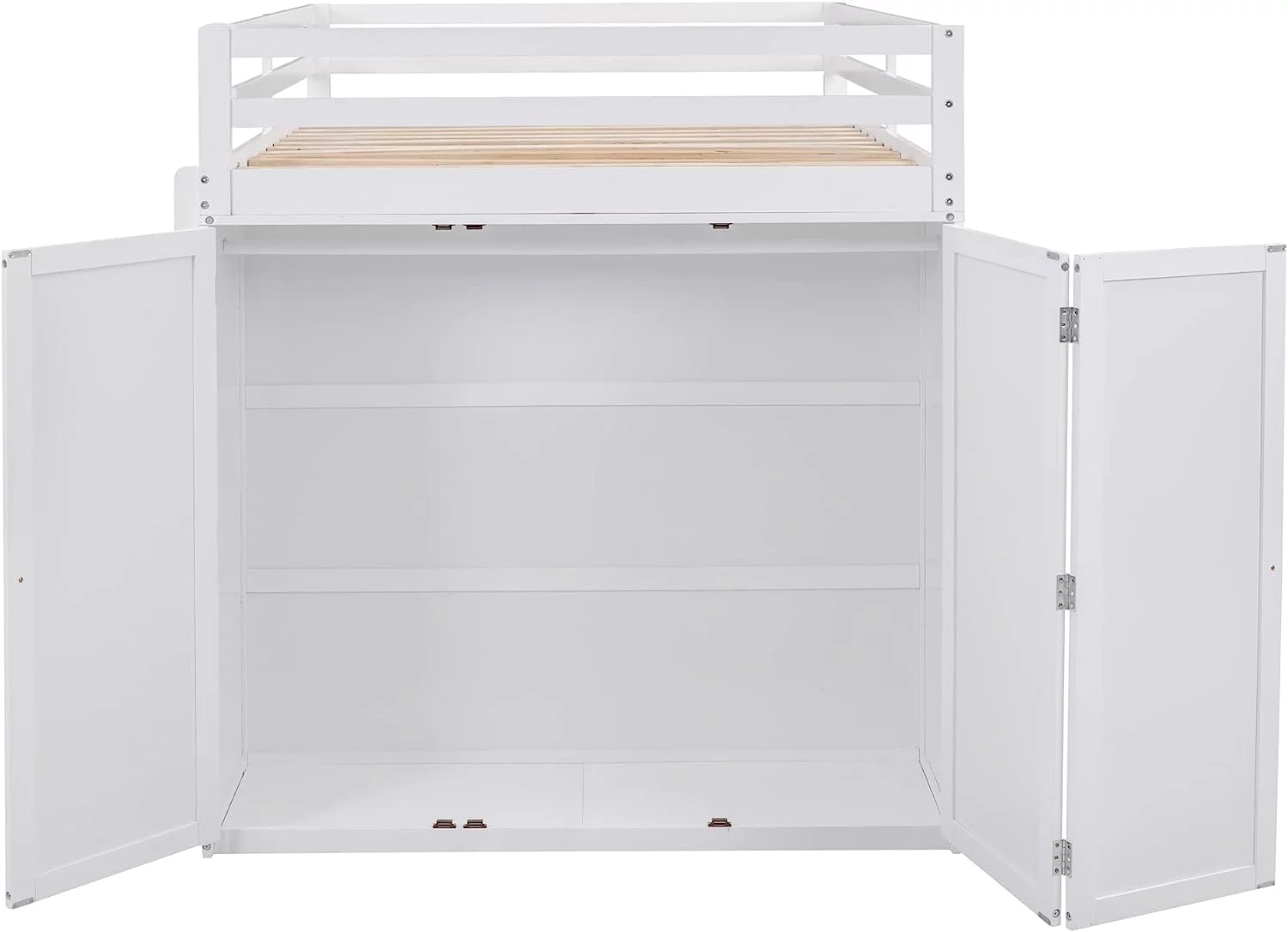 Momspeace Full Size Loft Bed with Wardrobe, Wood Loft Bed Frame with Desk 3 Storage Drawers Shelf Space Saving Platform Bed - White
