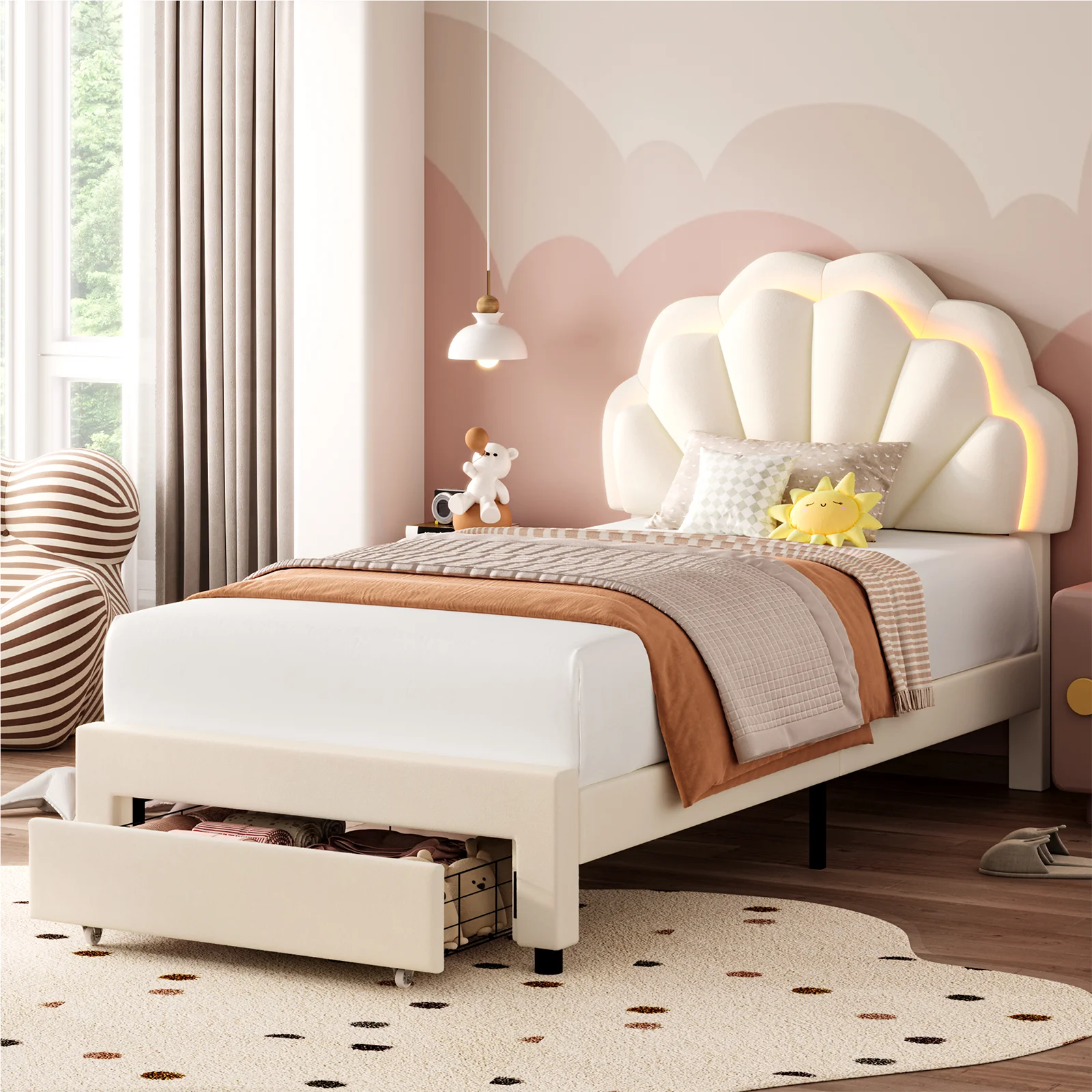 Homfa Twin Size LED Bed Frame with Drawer, Velvet Upholstered Platform Bed with Adjustable Petal Headboard for Kid, Beige
