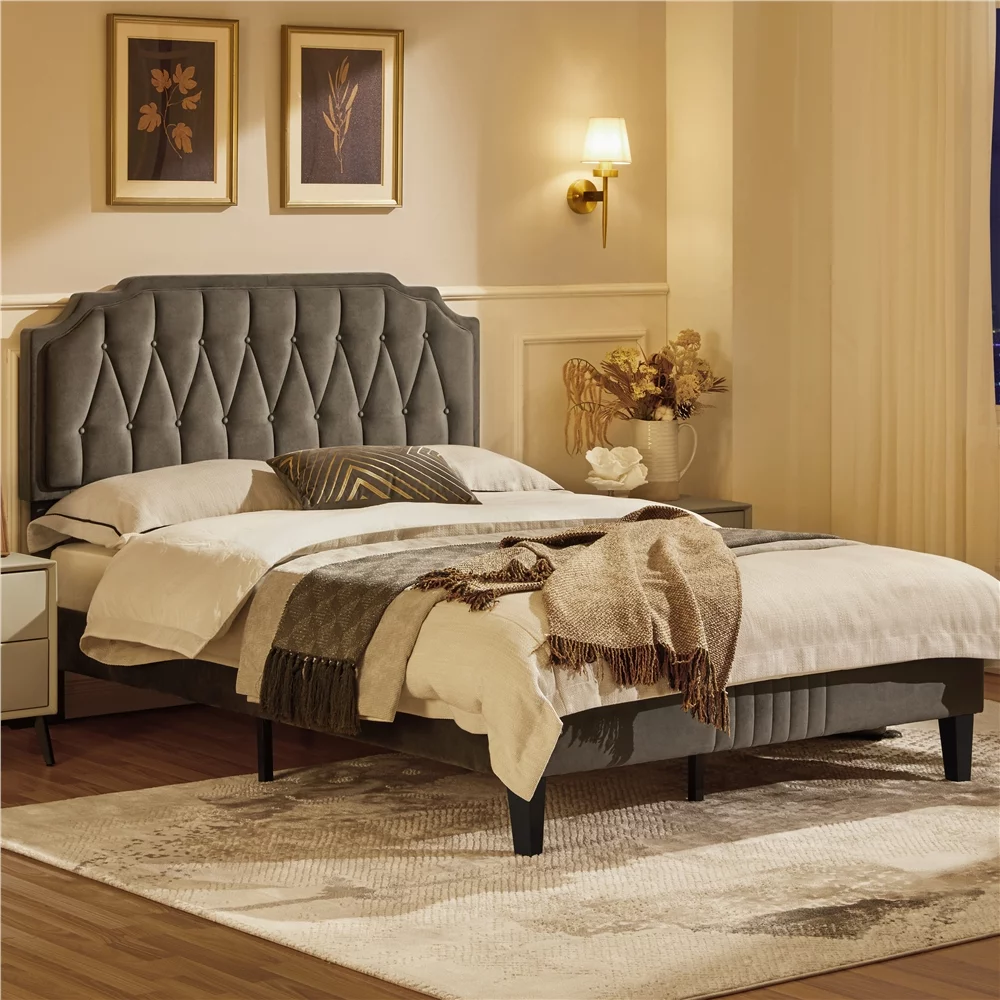 Easyfashion Upholstered Full Bed with Adjustable Headboard for Adult, Dark Gray