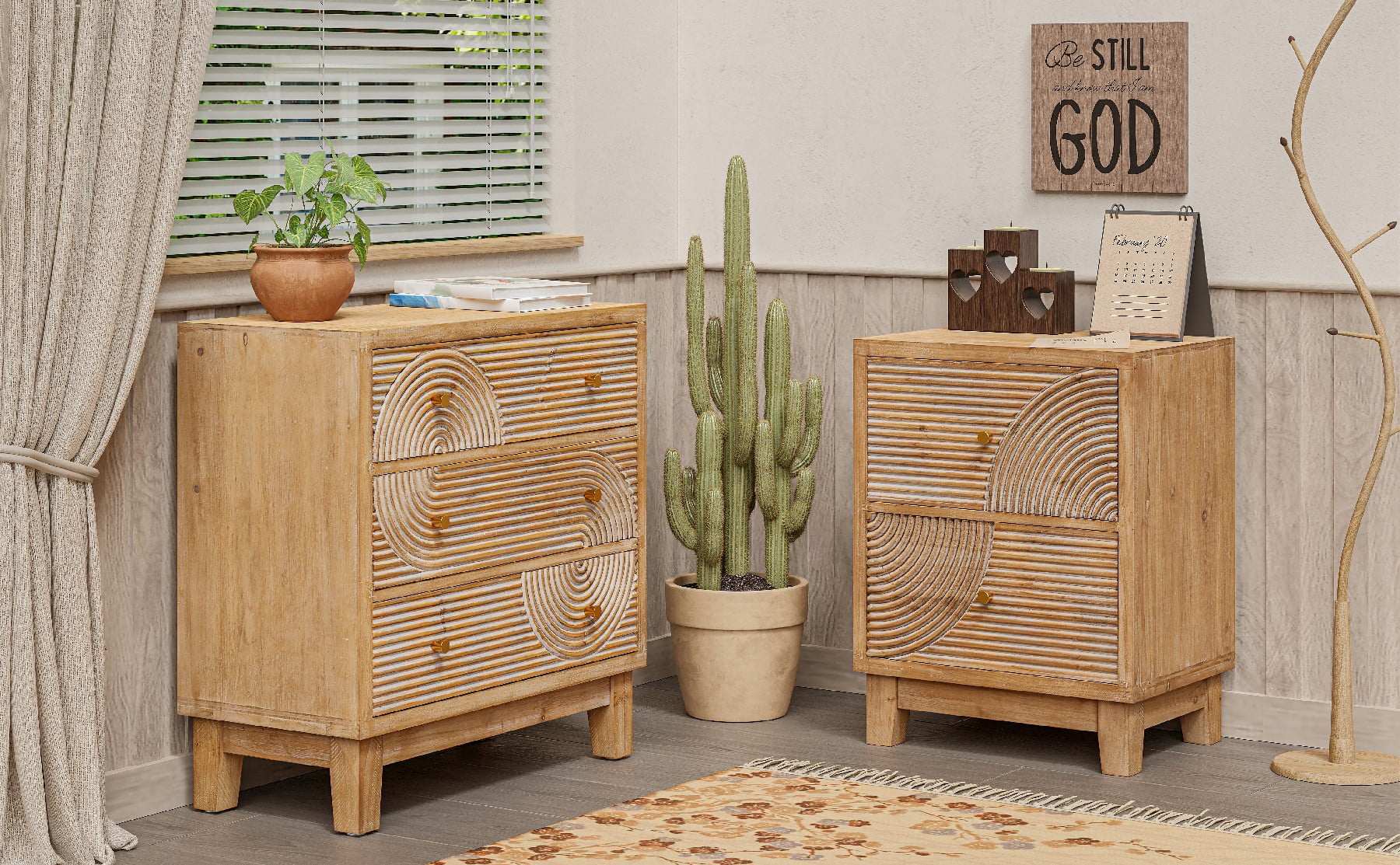 COZAYH 3-Drawer Farmhouse Dresser with Handicraft Wood Ring Motif, Fully Assembled Nightstand Wooden Finish for Boho, Mid-century, Rustic Style, Natural Wood