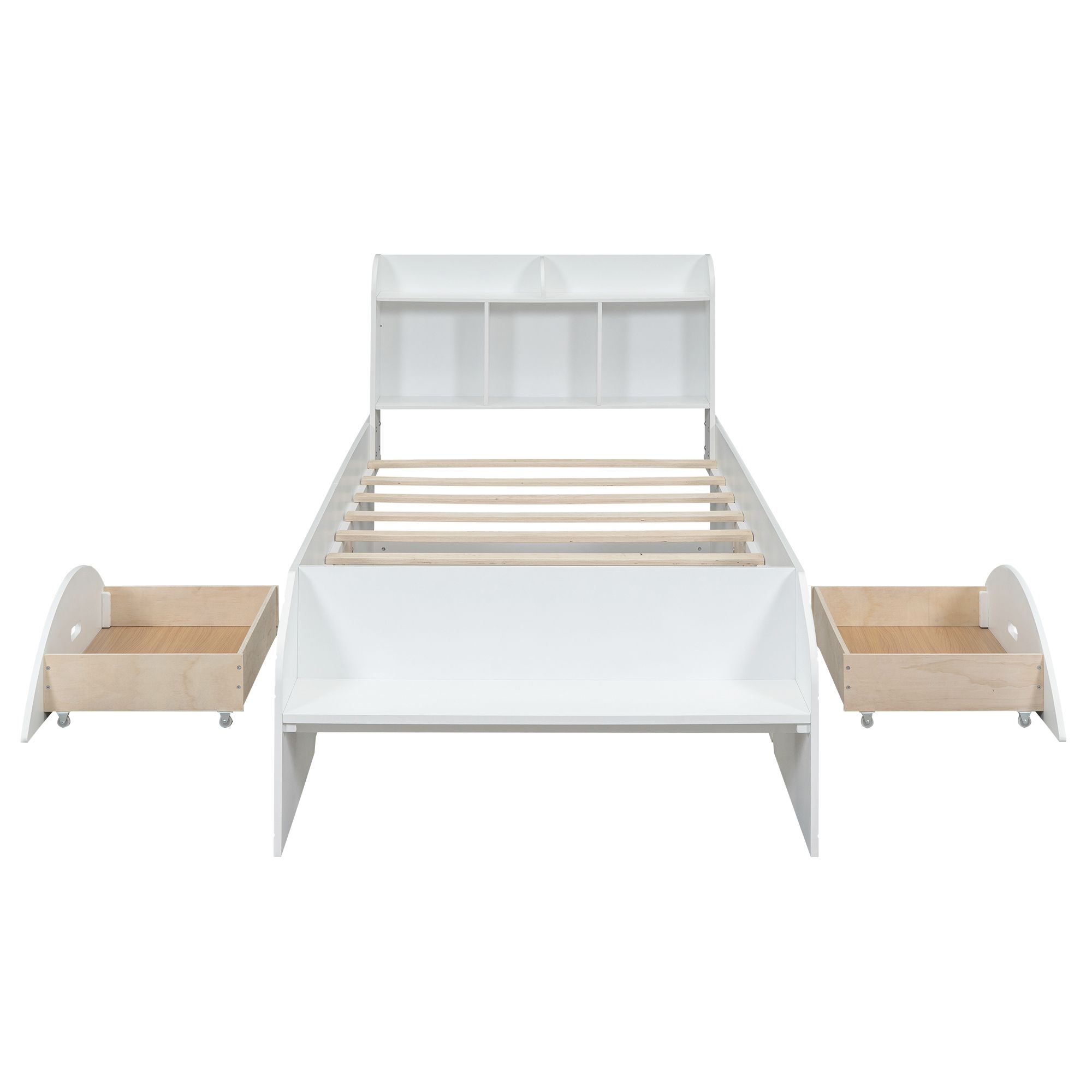 Solid Wood Bed Frame with 2 Drawers, Storage Headboard and Footboard, Platform Bed Frame, Mid Century Bedframe, Multi-Storage Space Wood Foundation(White, Twin)