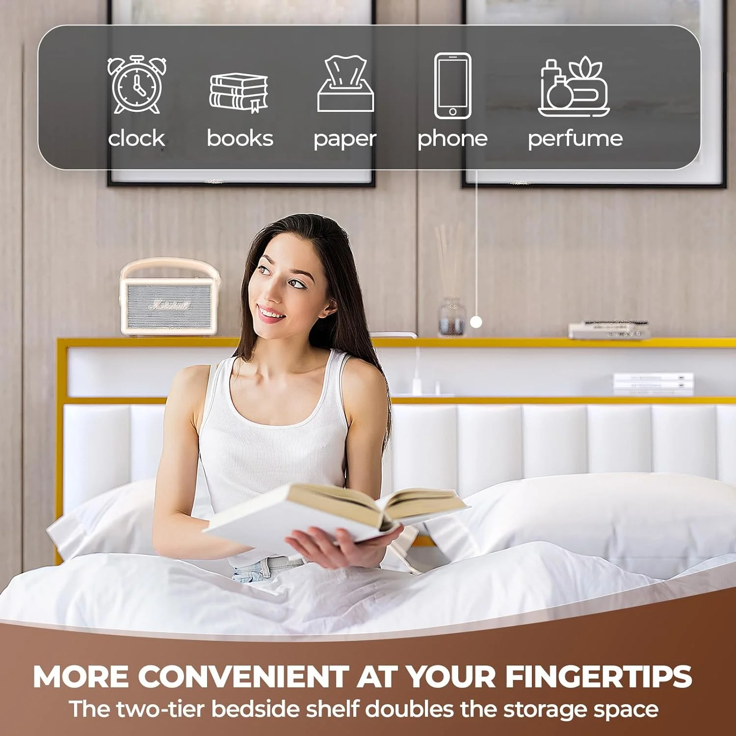 VIPLIVE King Bed Frame with Double Layer Faux Leather Upholstered Headboard and 4 Storage Drawers