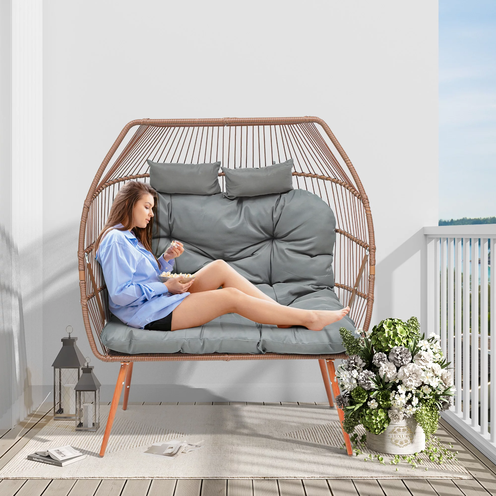 Dextrus Double Egg Chair with Legs 2 Person Wicker Egg Chair Indoor Outdoor Patio Egg Chair with Cushions 510lbs for Patio, Bedroom, Garden and Balcony, Gray