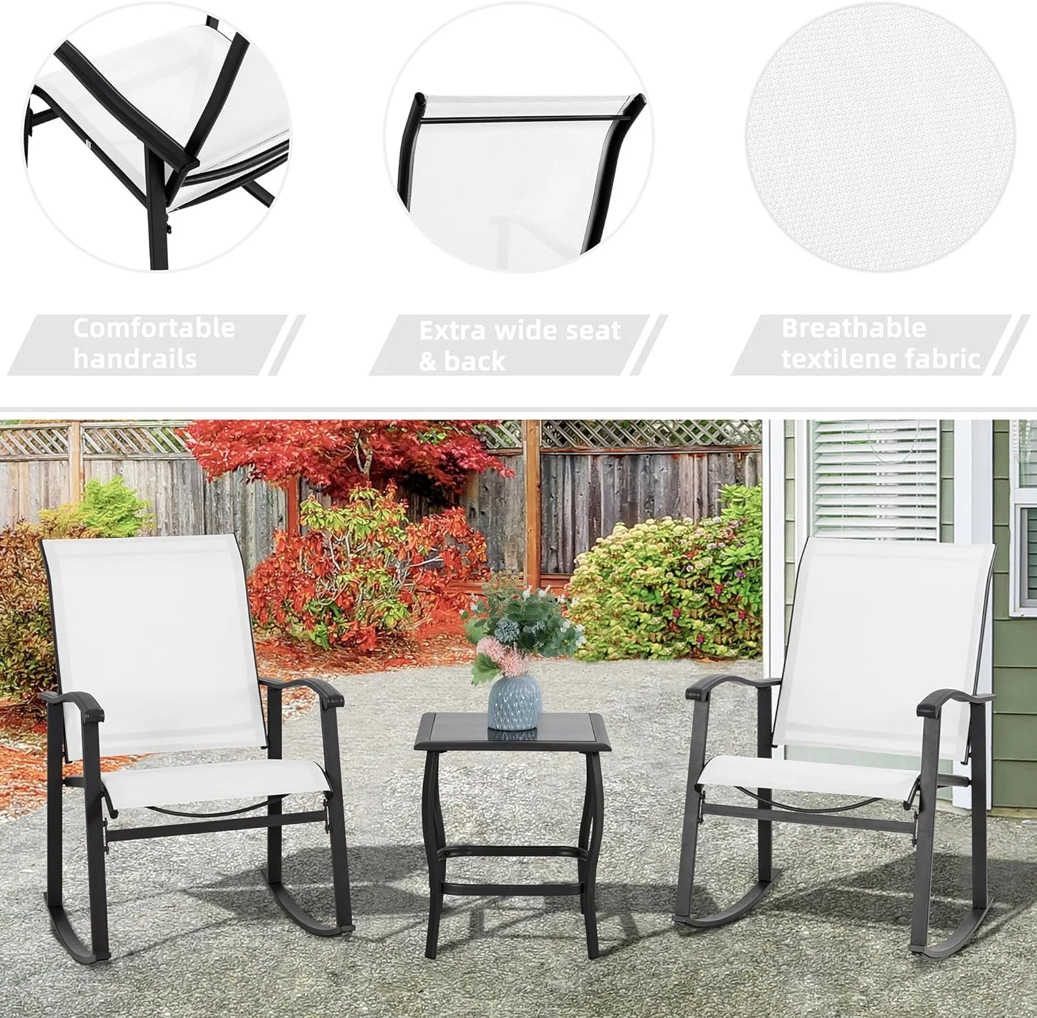 Vongrasig 3 Piece Outdoor Rocking Bistro Set, Textilene Fabric Small Patio Furniture Set, Front Porch Rocker Chairs Conversation Set with Glass Table for Lawn, Garden, Balcony, Poolside (White)