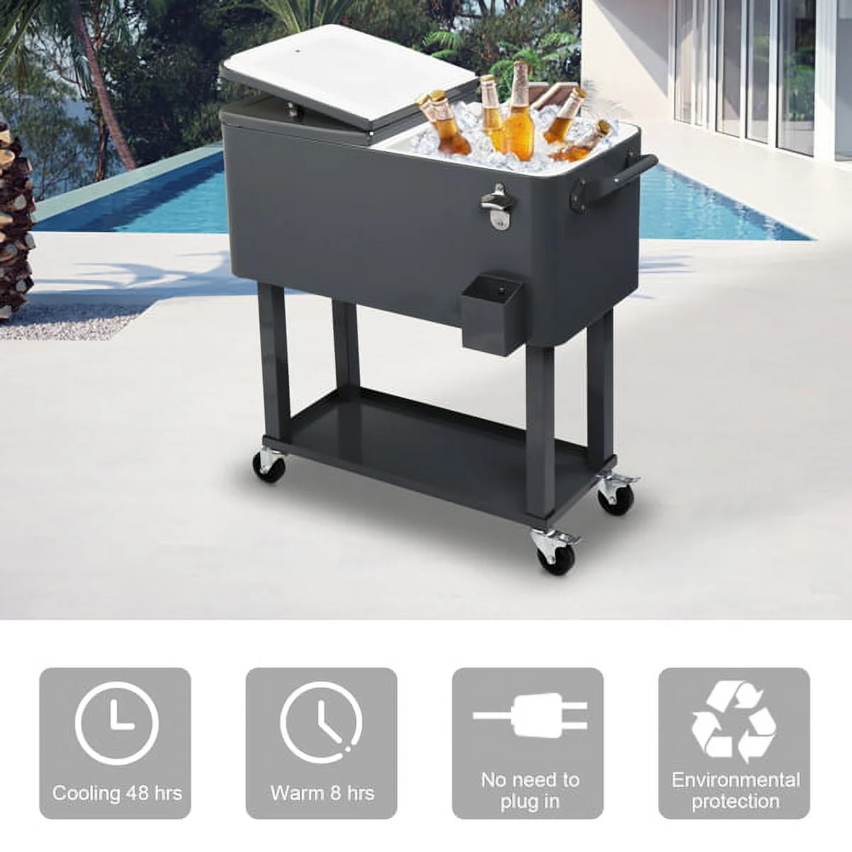 80 Quart Rolling Ice Chest Cooler Cart,Patio Backyard Party Drink Beverage Bar Stand Up Cooler Trolley with Ice Scoop