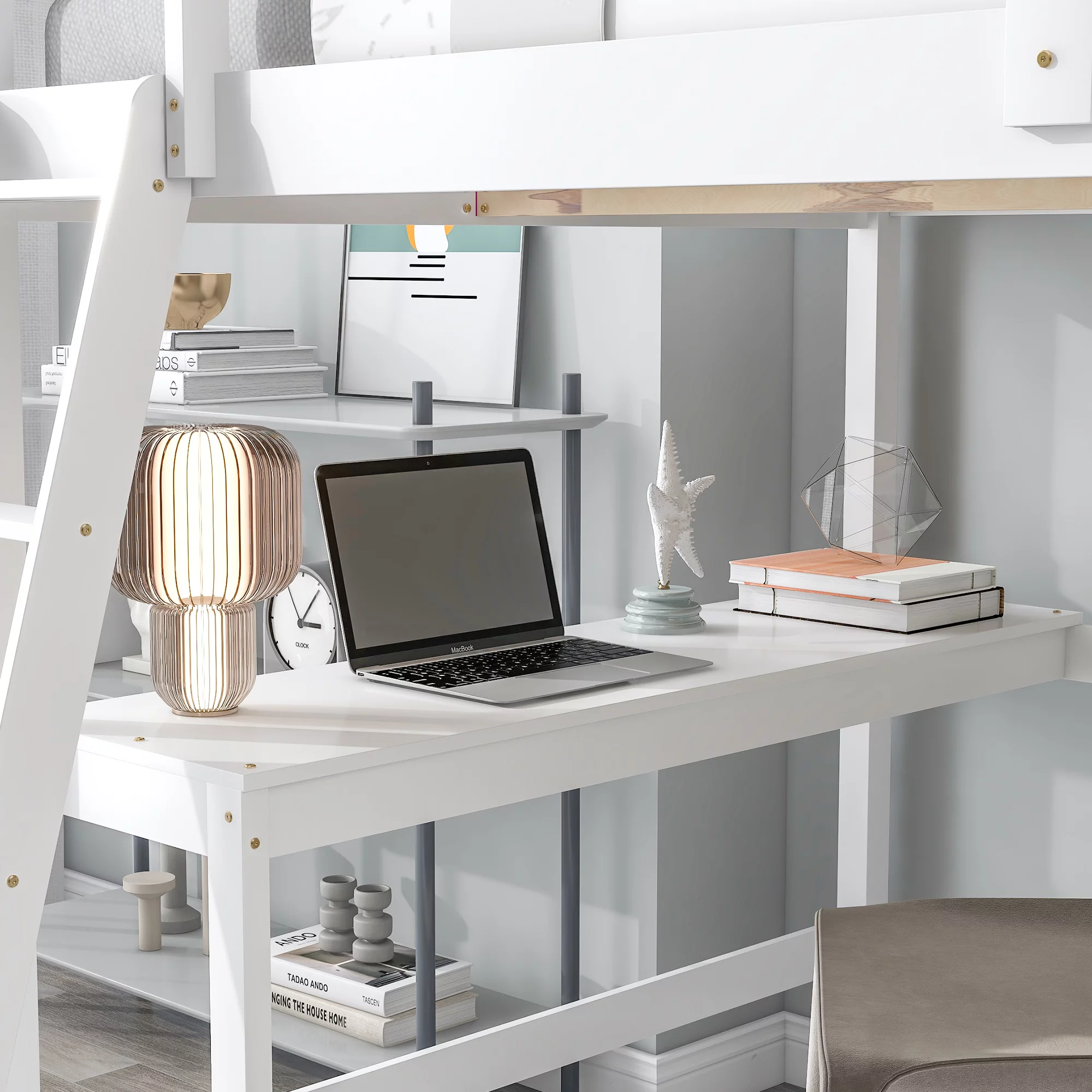 Dcenta Loft Bed Full with desk,ladder,shelves , White,Overall Product Dimension:79.5”x59.1”x68.1”