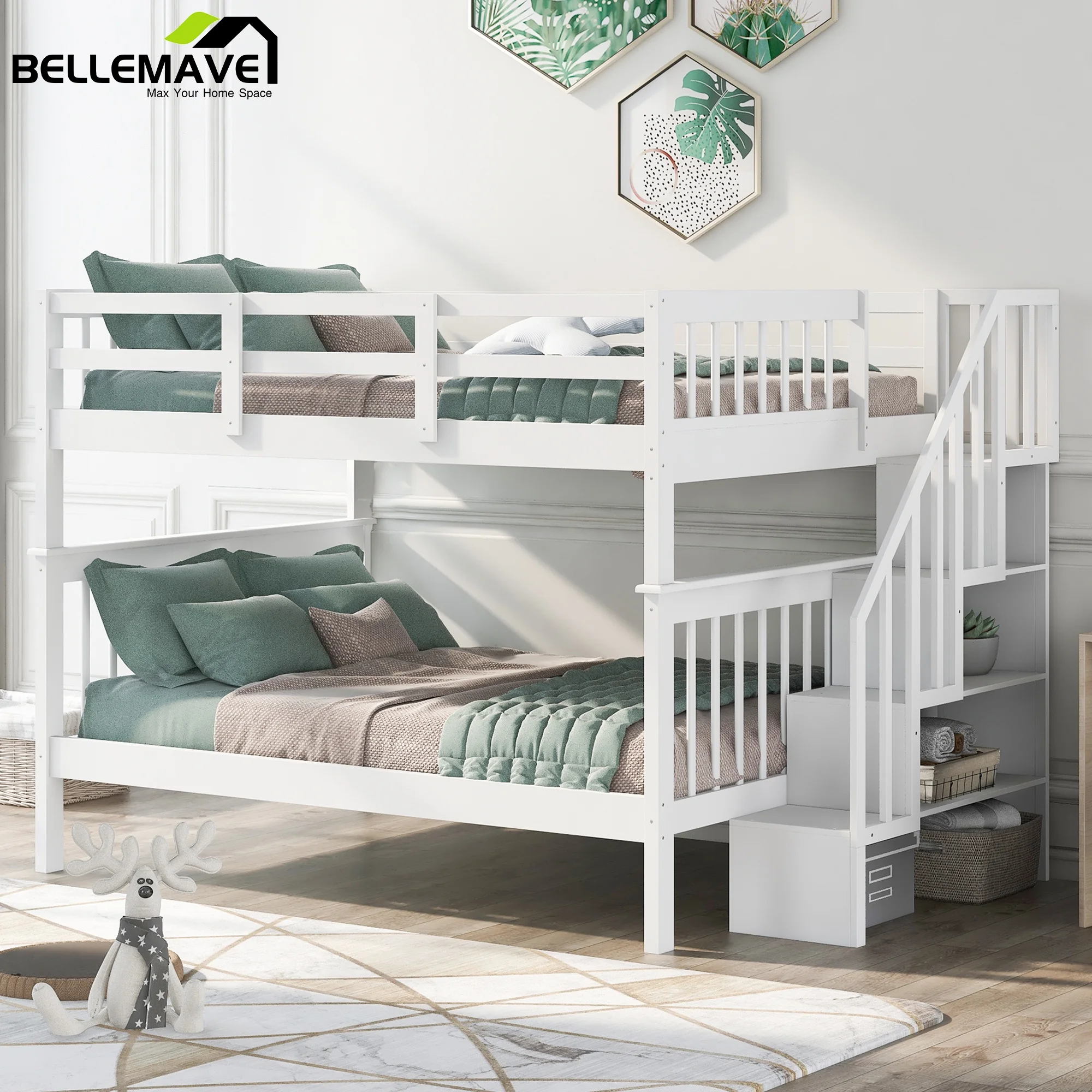 BELLEMAVE Full over Full Bunk Beds for Kids, Kids Bunk Beds with Storage Stairs and Full-Length Guardrail, Convertible Into 2 Bed, No Box Spring Needed(White)