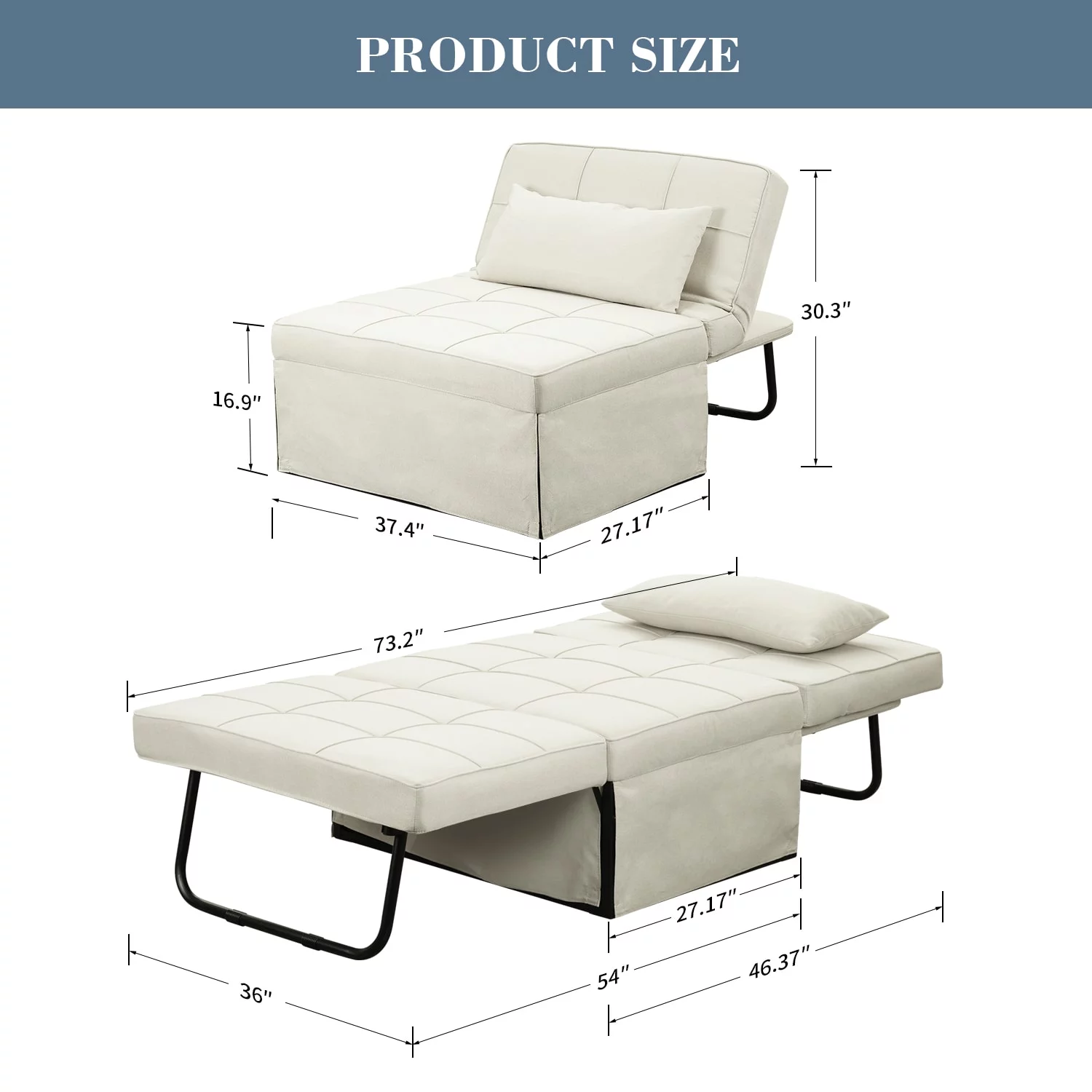 Ainfox Folding Sofa Bed, 4 in 1 Daybeds Ottoman Chair Lounge Couch for Guest Sleeper, Suitable for Modern Living Room, Bedroom, Twin Size(Beige)