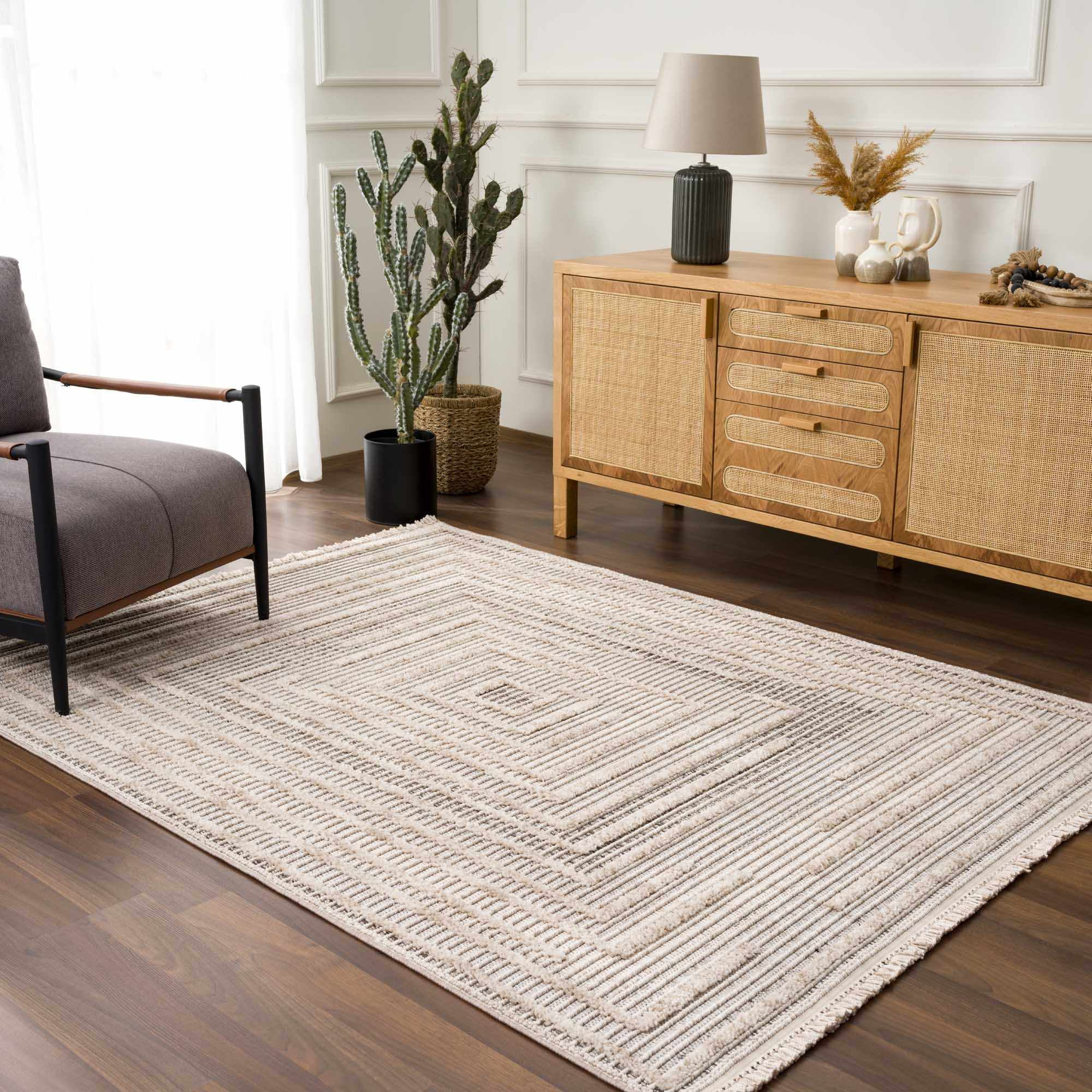 Hauteloom Lunao Farmhouse Living Room Bedroom Moroccan Square Pattern Abstract Area Rug - Soft Shaggy High Low Carpet - High Pile - Bohemian, Boho - Gray, Brown, Beige, Cream - 7'10