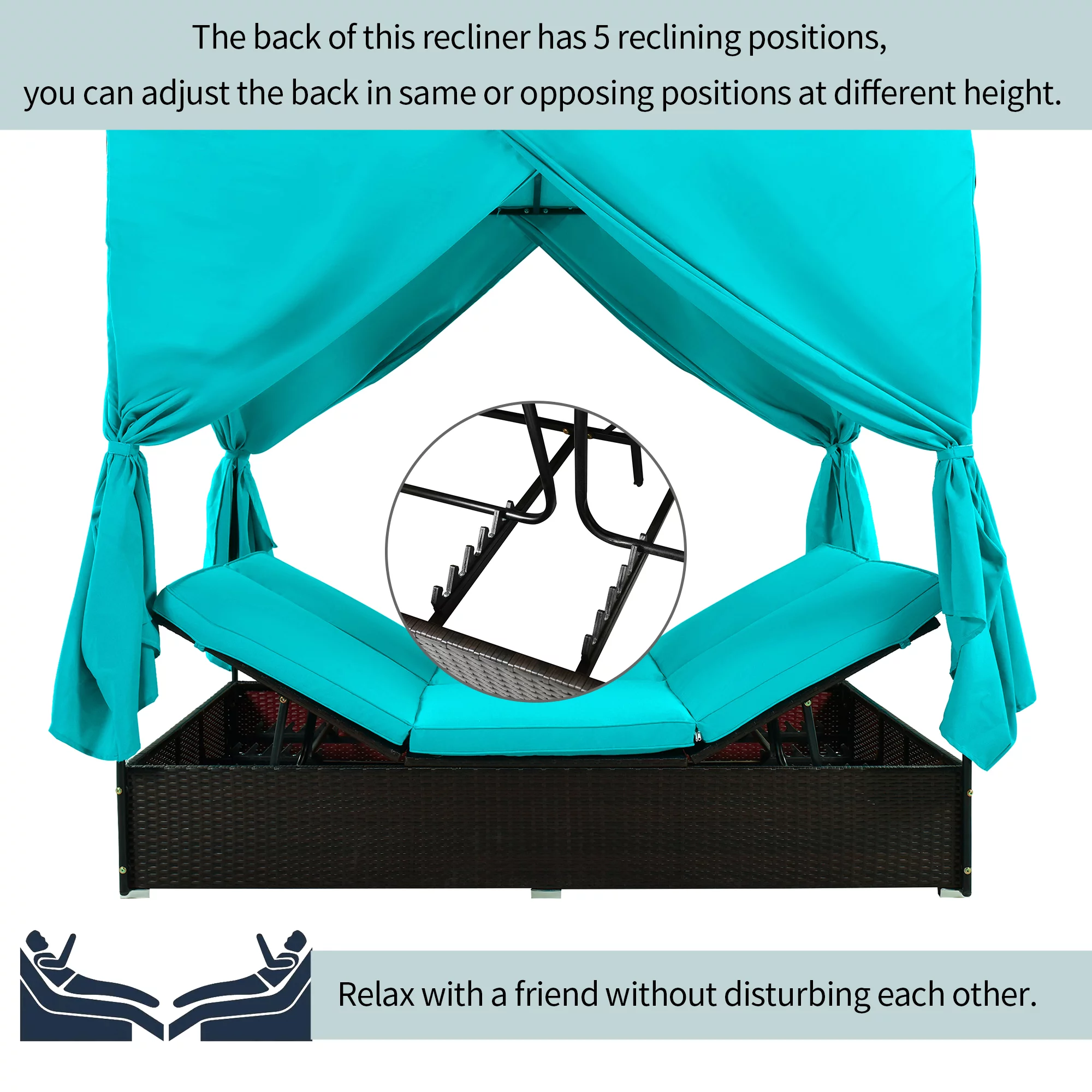 uhomepro Pool Furniture Outdoor Lawn Backyard Poolside Garden Rectangle Daybed, Outdoor Chaise Lounge with Canopy, Overhead Curtains, Cushions, Adjustable Seat, Blue