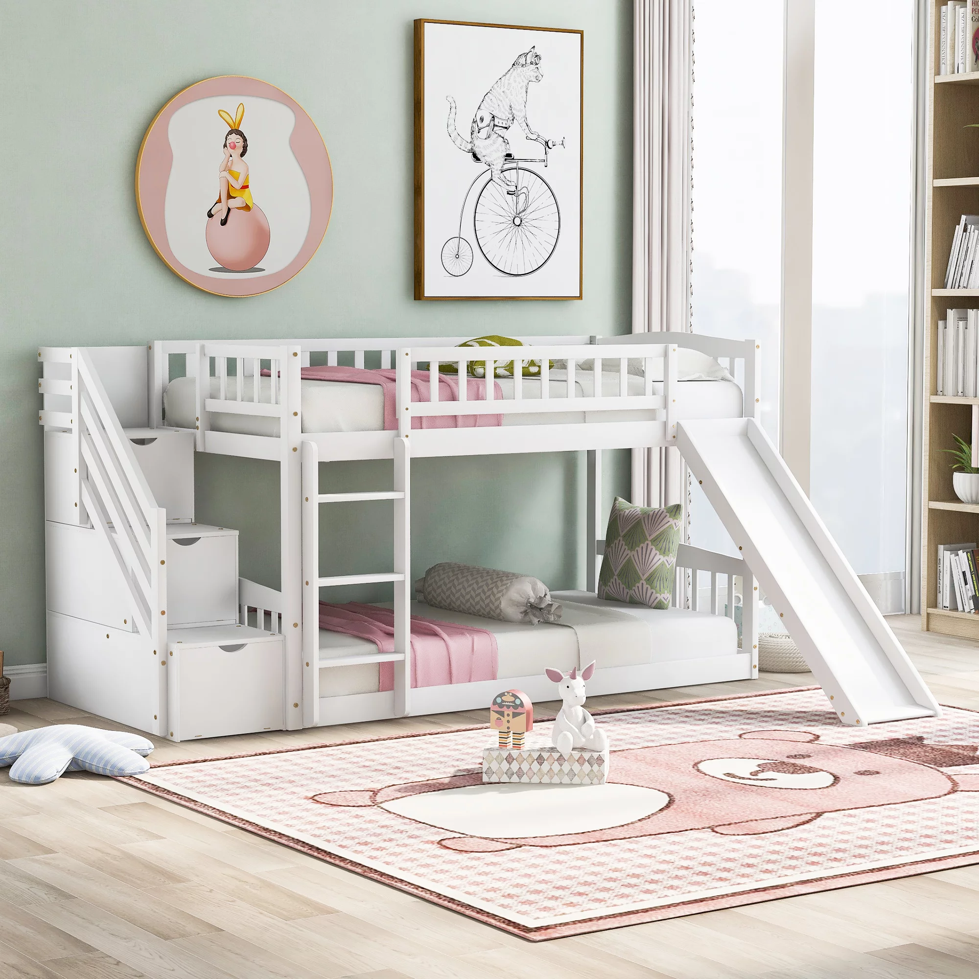 Bellemave Kids Twin Bunk Bed Frame with Slide, Twin over Twin Low Bunk Bed with Stairs and Storage Drawers, Wood Bunk Bed With Slide For Toddlers, Kids, Teens (White)