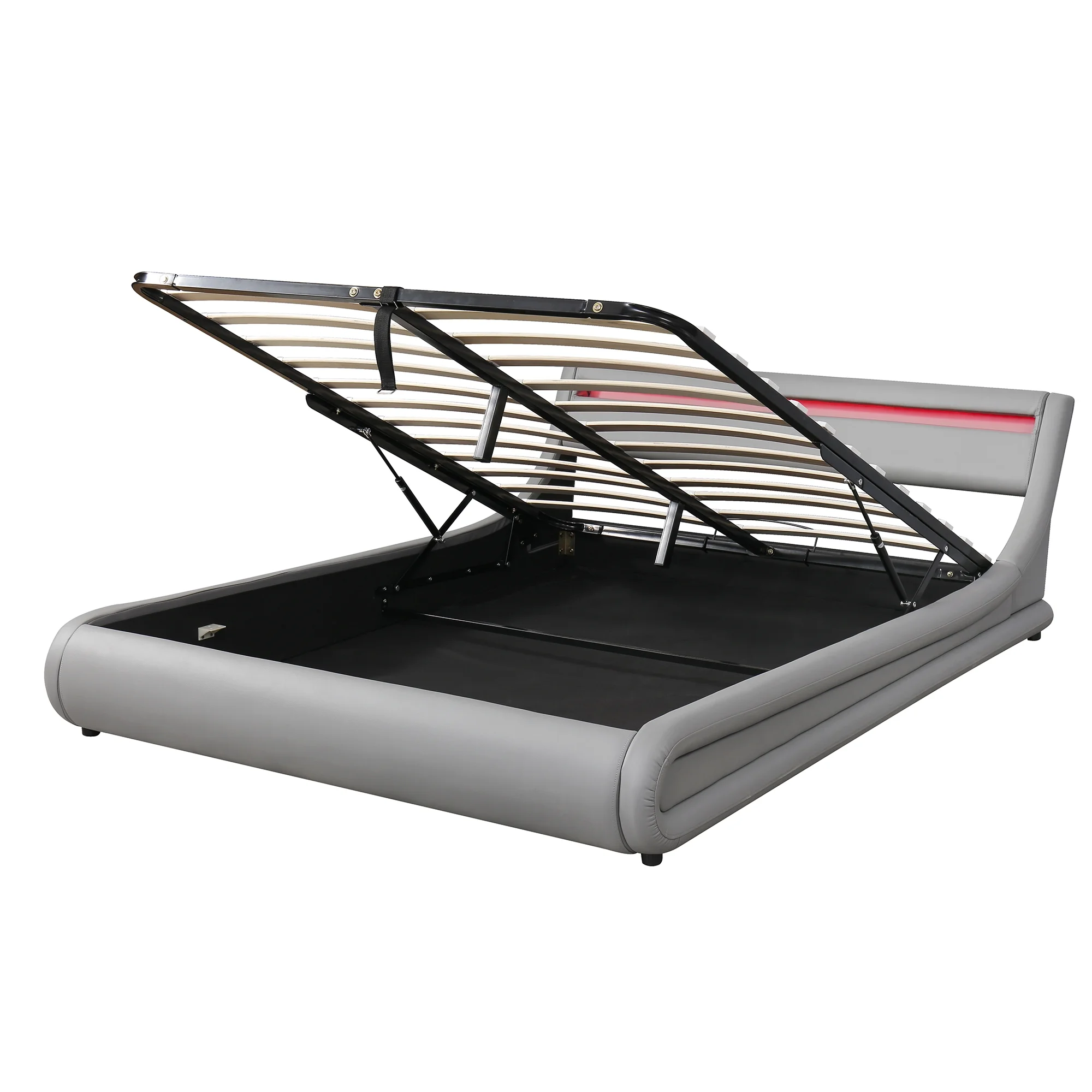 Modern Faux Leather Platform Bed with Hydraulic Storage and LED Light Headboard - Queen Size