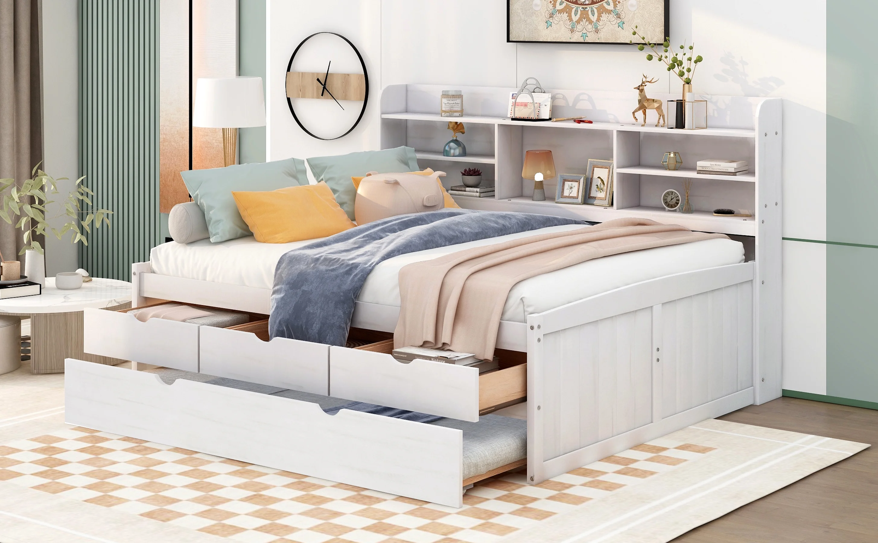 CoSoTower Full Size Wooden Captain Bed with Built-In Bookshelves,Three Storage Drawers and Trundle,White