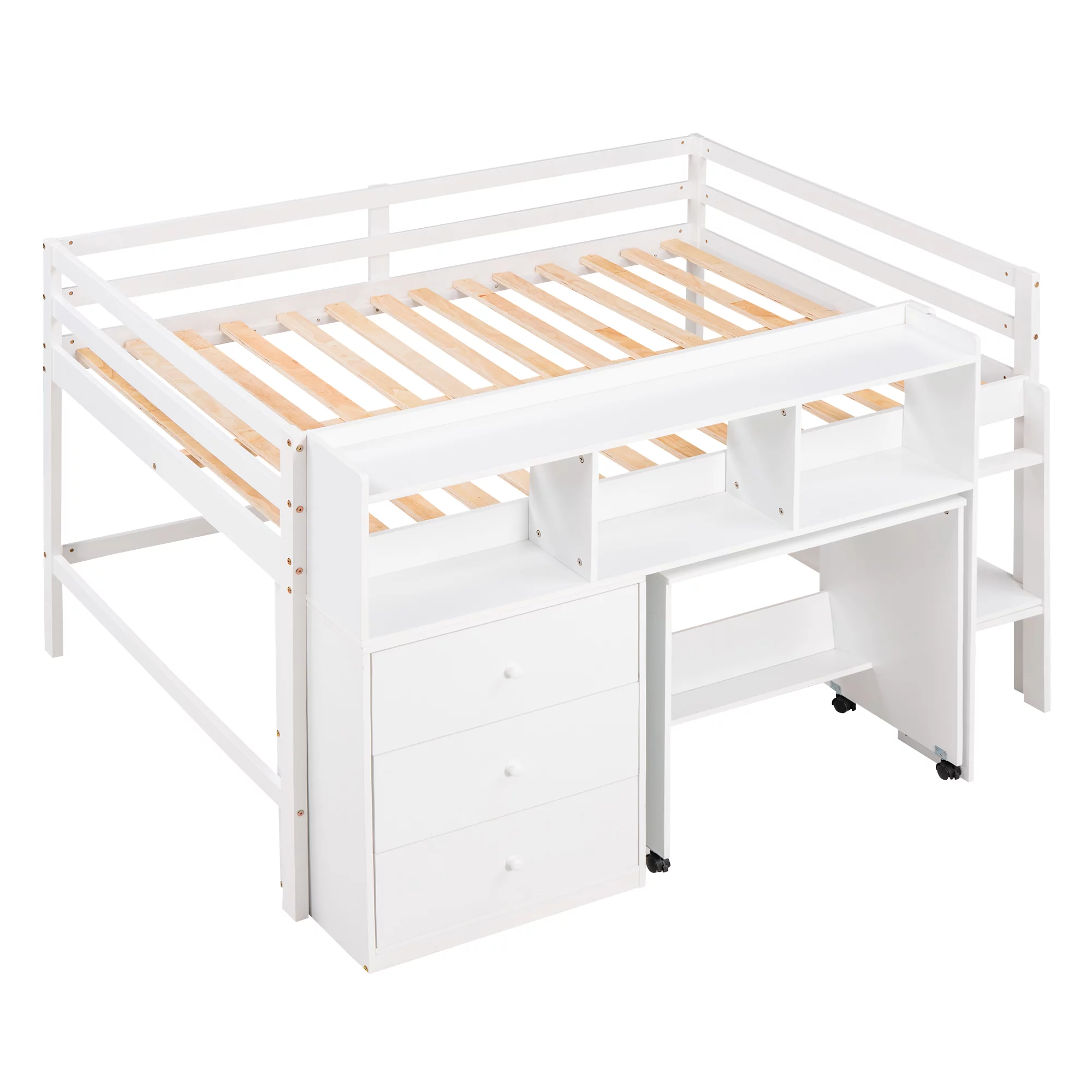 Bellemave Full Size Wood Low Loft Bed with Rolling Portable Desk, and Drawers,Kids Loft Bed With Storage Shelves,No Box Spring Needed(White)
