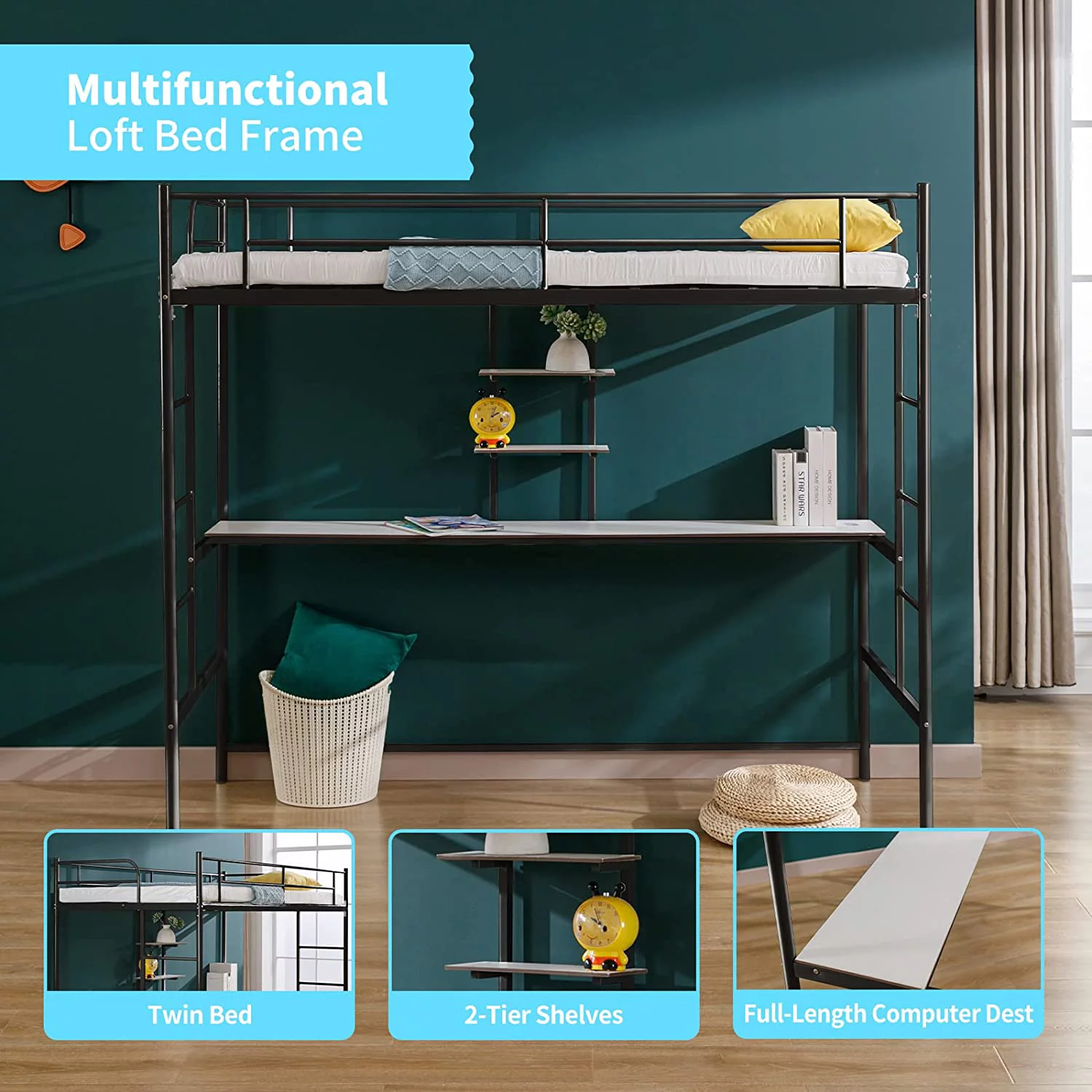 Cuoote Twin Size Metal Loft Bed with Desk, 2 Storage Shelves, Safety Ladder, and Guard Rail, Space-Saving Design, No Box Spring Needed, Black