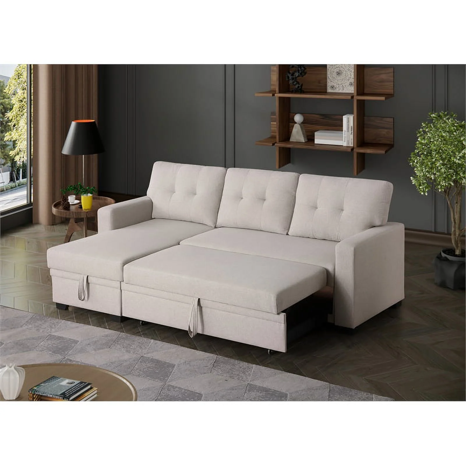 Devion Furniture Polyester Fabric Reversible Sleeper Sectional Sofa-Beige