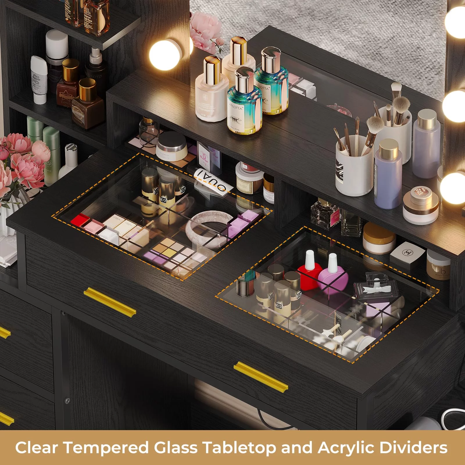 Afuhokles Glass Top Vanity Desk with Mirror and Lights, Makeup Vanity with Lights, Charging Station, 8 Drawers, Acrylic Dividers and Shelves, Black