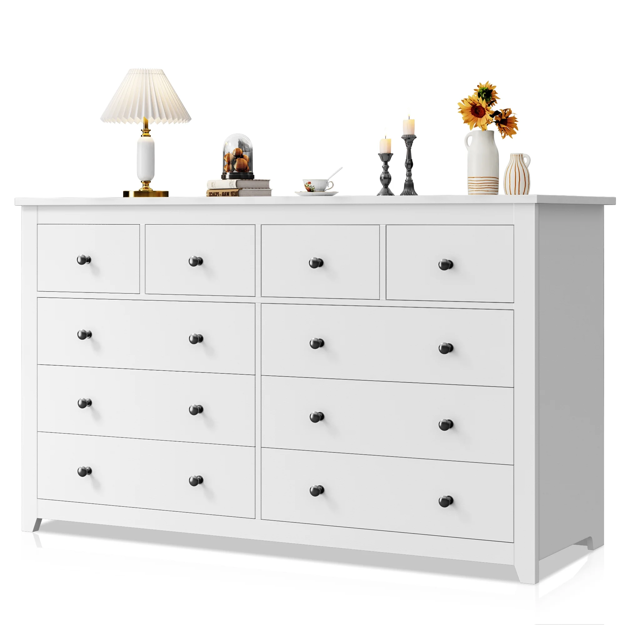 EnHomee White Dresser for Bedroom Wood Dresser with  10 Deep Drawers Modern Wood Dressers & Chests of Drawers Wide Dresser with Smooth Metal Rail, Wooden Dressers for Bedroom , White
