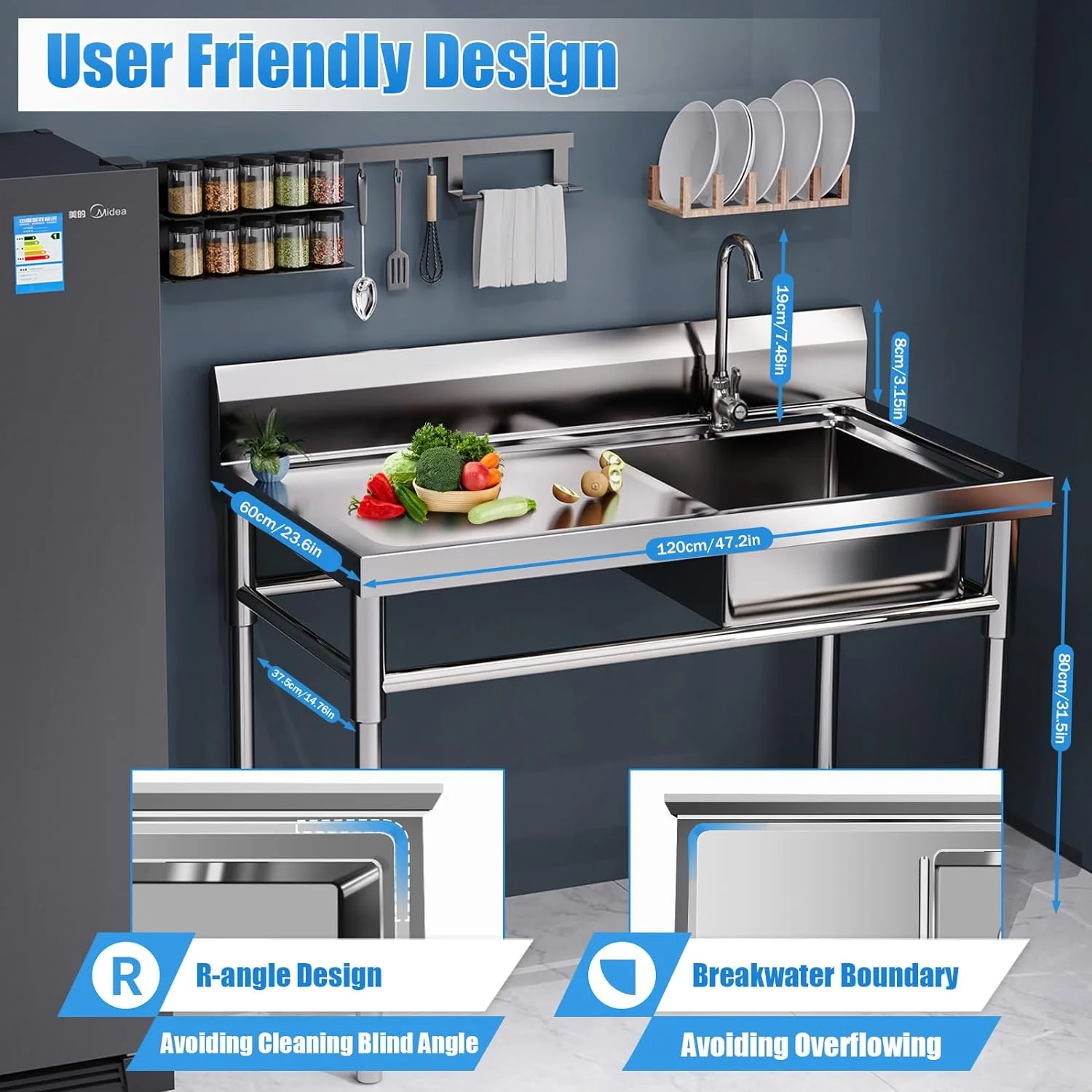 Free Standing Commercial Kitchen Sink 2 Compartment Stainless Steel Prep & Utility Sink 201 Stainless Steel Freestanding Kitchen Sink for Restaurant, Kitchen, Outdoor (Dual Bowl Style w/Baffle)