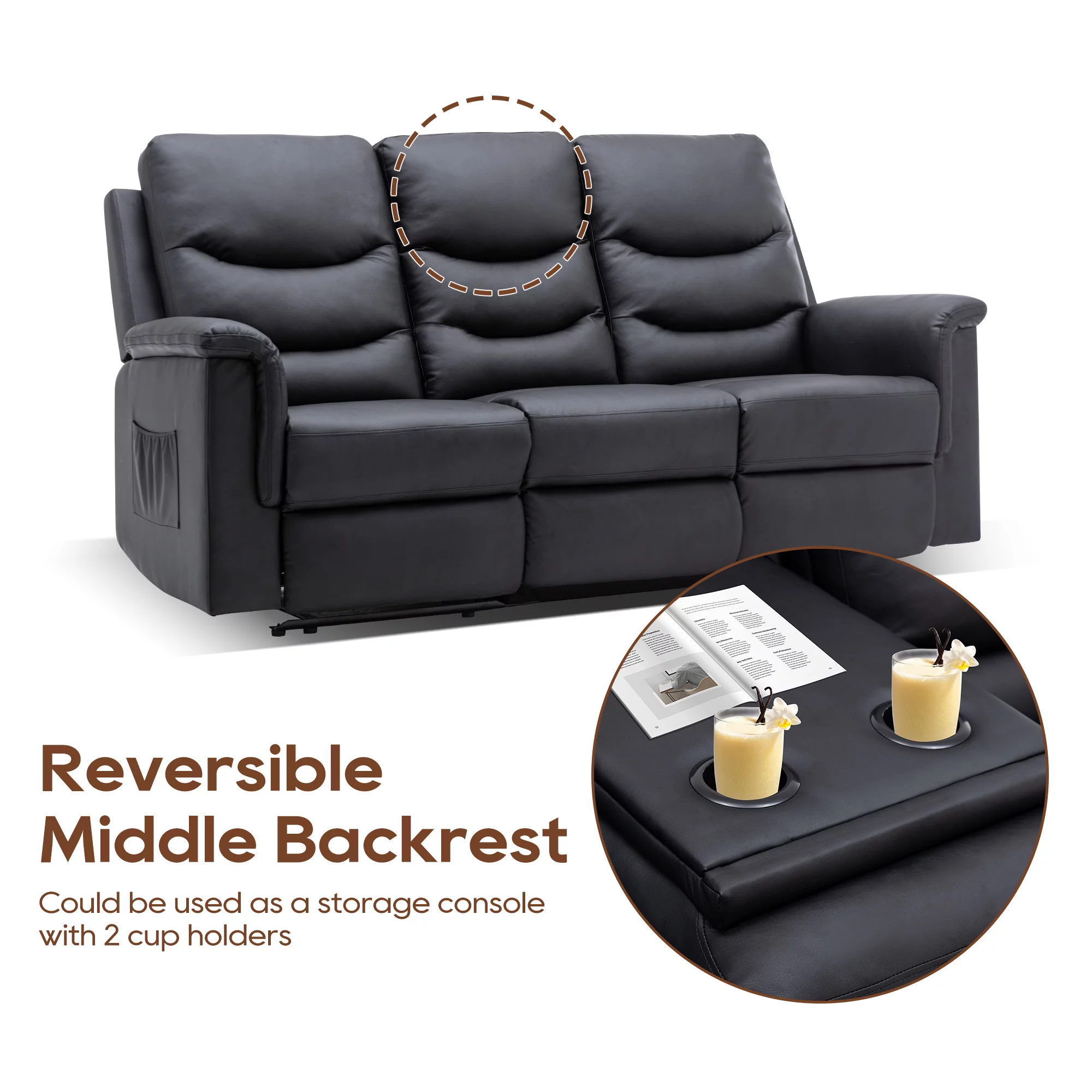 Reclining Sofa, 3 Seater Sofa Recliner with Flipped Middle Backrest, PU Leather Reclining Sofa with 2 Cup Holders and Console Slate, Manual Reclining Home Theater Seating for Living Room