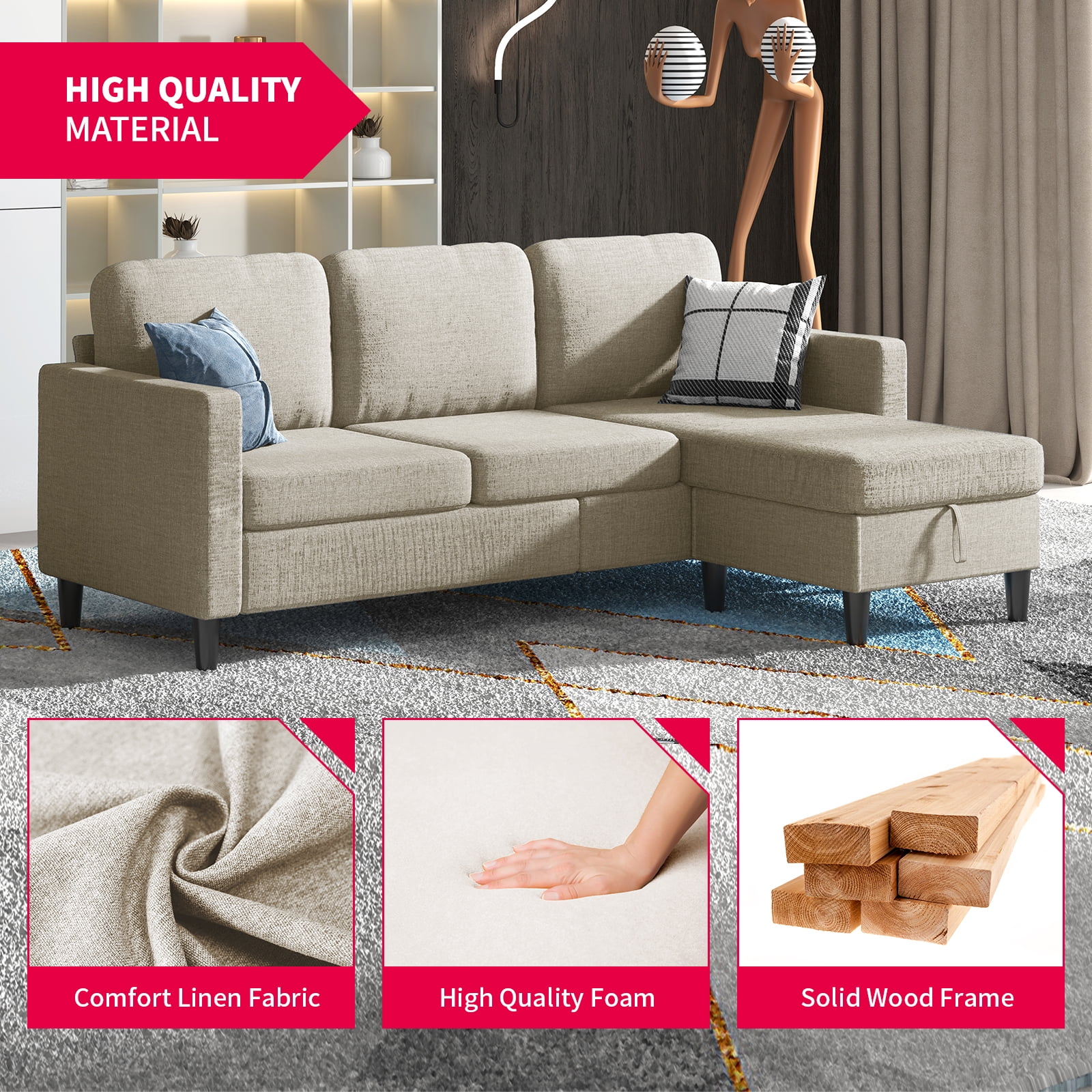 MUZZ Sectional Sofa with Movable Ottoman, Free Combination Sectional Couch, Small L Shaped Sectional Sofa with Storage Ottoman,Linen Fabric Wood Frame Sofa Set for Living Room (Beige)