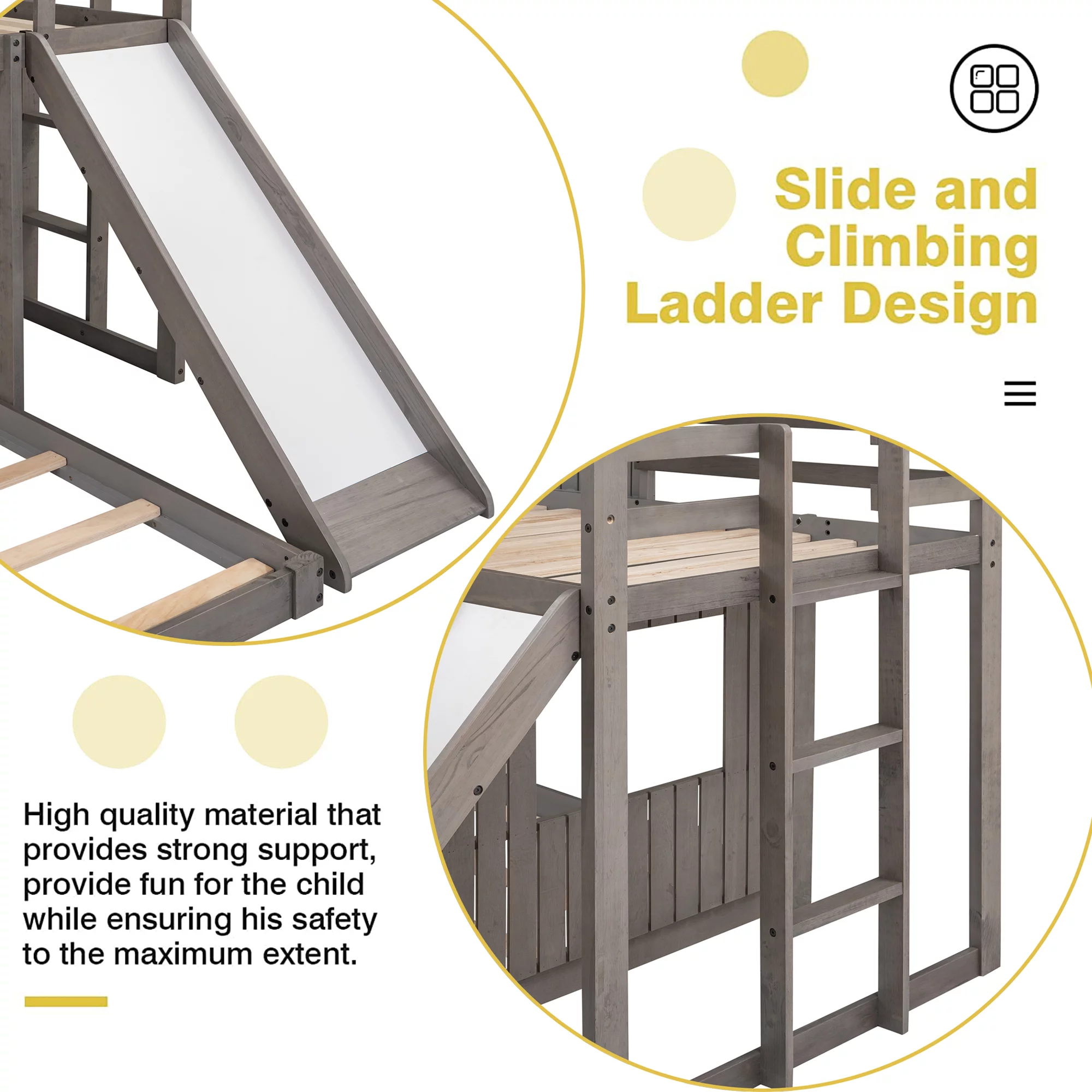 Bellemave Twin Over Full House Bunk Bed with Slide, Wood L-Shaped Fort Loft Bunk Beds Frame with Ladder, Floor Playhouse Bed for Kids, No Need Spring Box (Antique Gray)