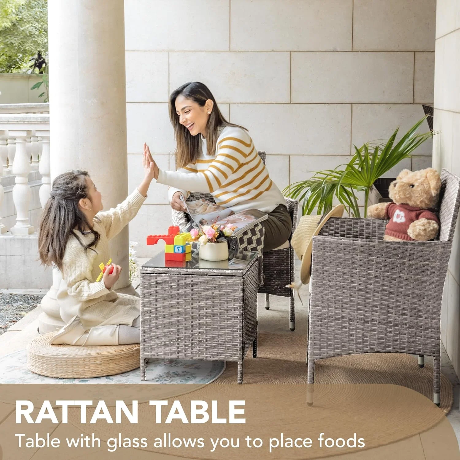 3 Pieces Patio Furniture Sets Clearance PE Rattan Wicker Chairs with Table Outdoor Garden Porch Furniture Sets (Light Grey)