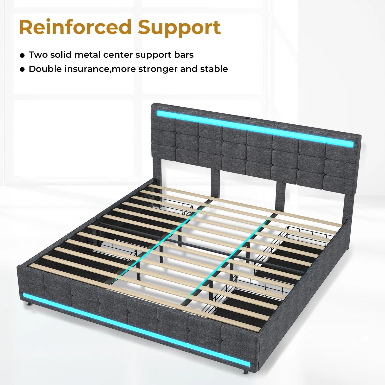 LED Bed Frame King Size Upholstered Platform Bed with 4 Drawers and LED Headboard and 2 USB Ports,Noise-Free, Dark Grey