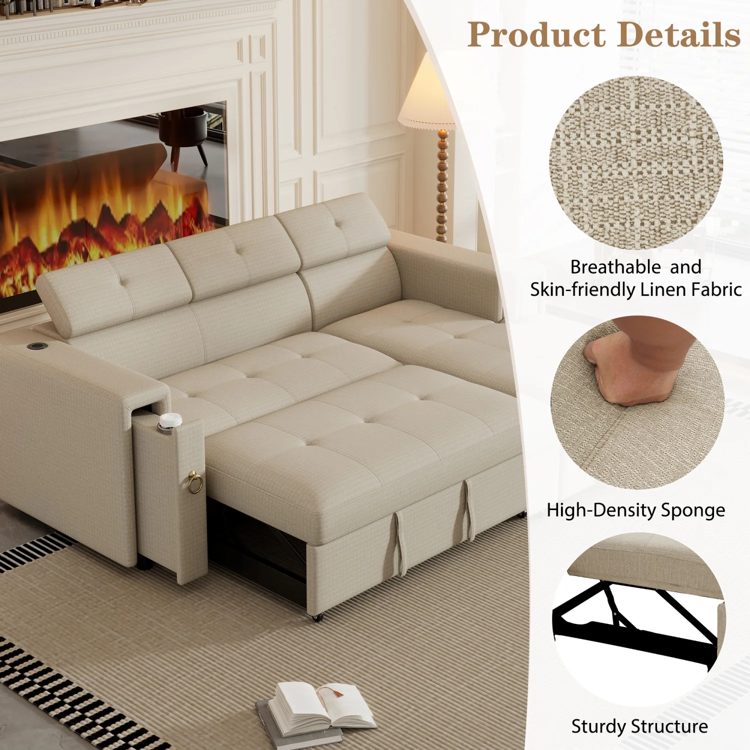 Churanty Pull Out Couch Bed with Storage and Cup Holder Sectional Sleeper Sofa with Wireless Charging L Shaped Couch with Adjustable Headrest Convertible Sofa Bed for Living Room,Beige