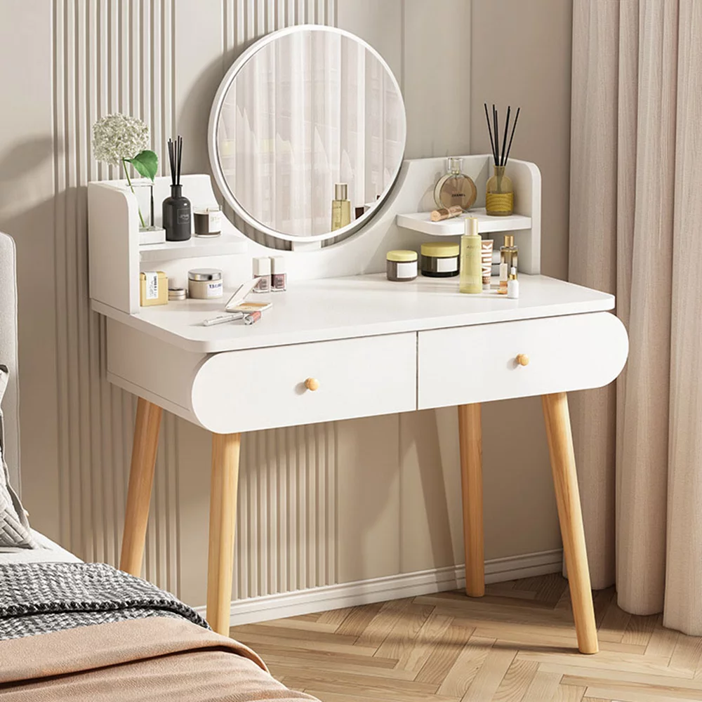 ANJORALA White Vanity Table Set with Mirror, Modern Makeup Vanity Desk Dressing Table with 2 Drawers & 2 Shelves(Without Stool)