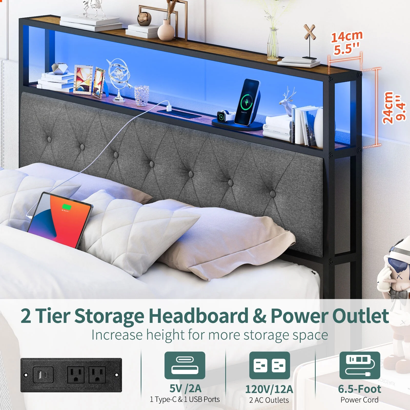 Yoobure Queen Bed Frame with Headboard, Metal Platform Bed Frame Queen Size, Heavy Duty Bed Frames with 2 Storage Drawers, Bedframe with Charging Station & LED Light, No Box Spring Needed, Noise Free